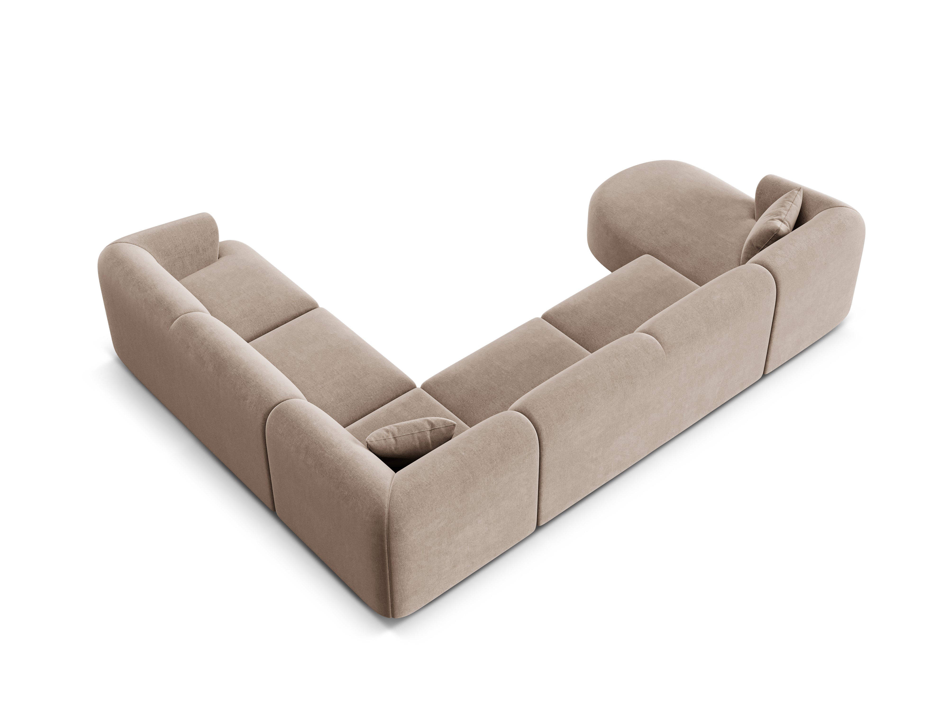 Rechtsseitiges, samtiges, panoramisches 7-sitziges Ecksofa CAMPI in dunkelbeige