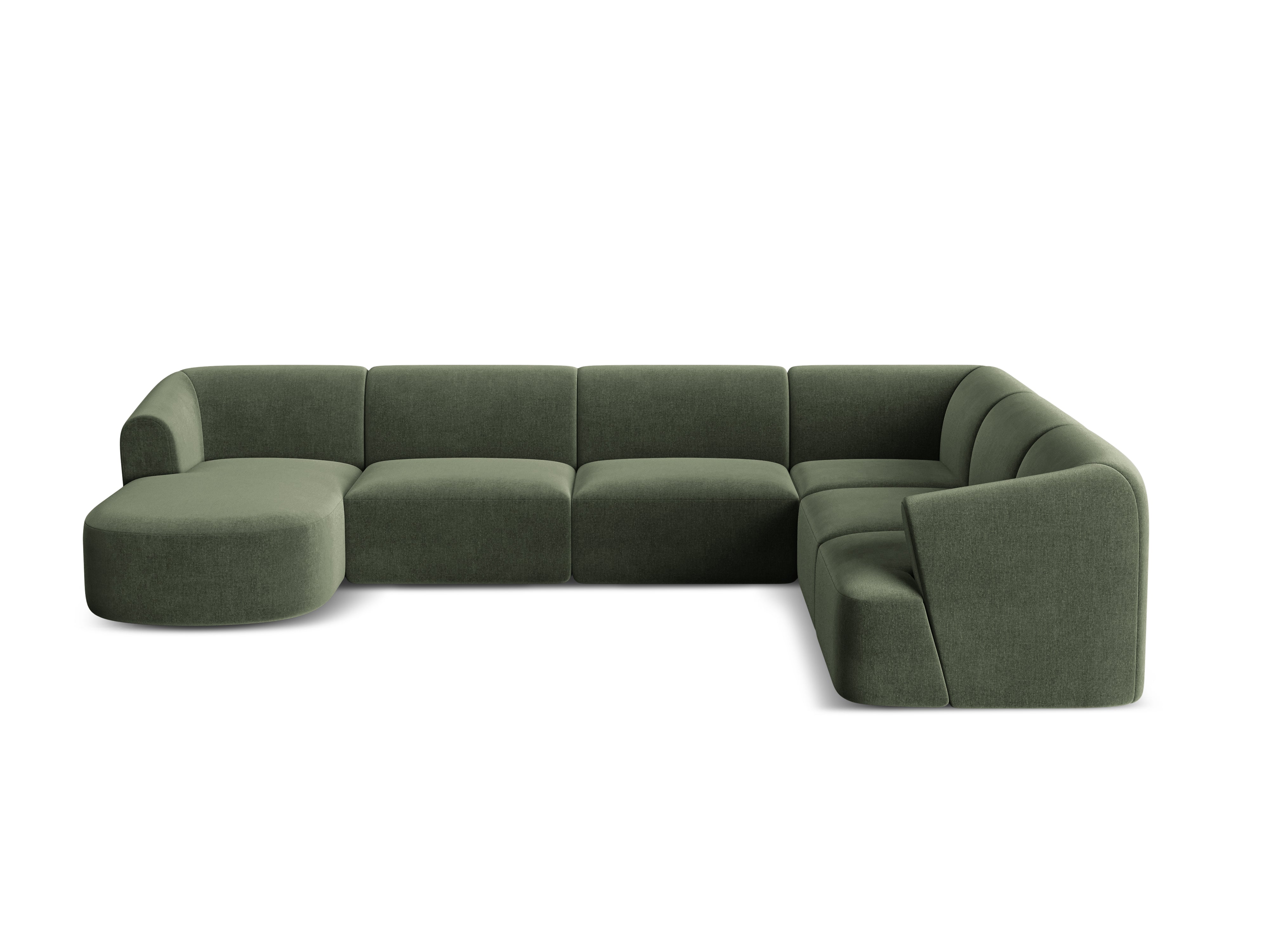 Rechtsseitiges, samtiges, panoramisches 7-sitziges Sofa CAMPI in Grün