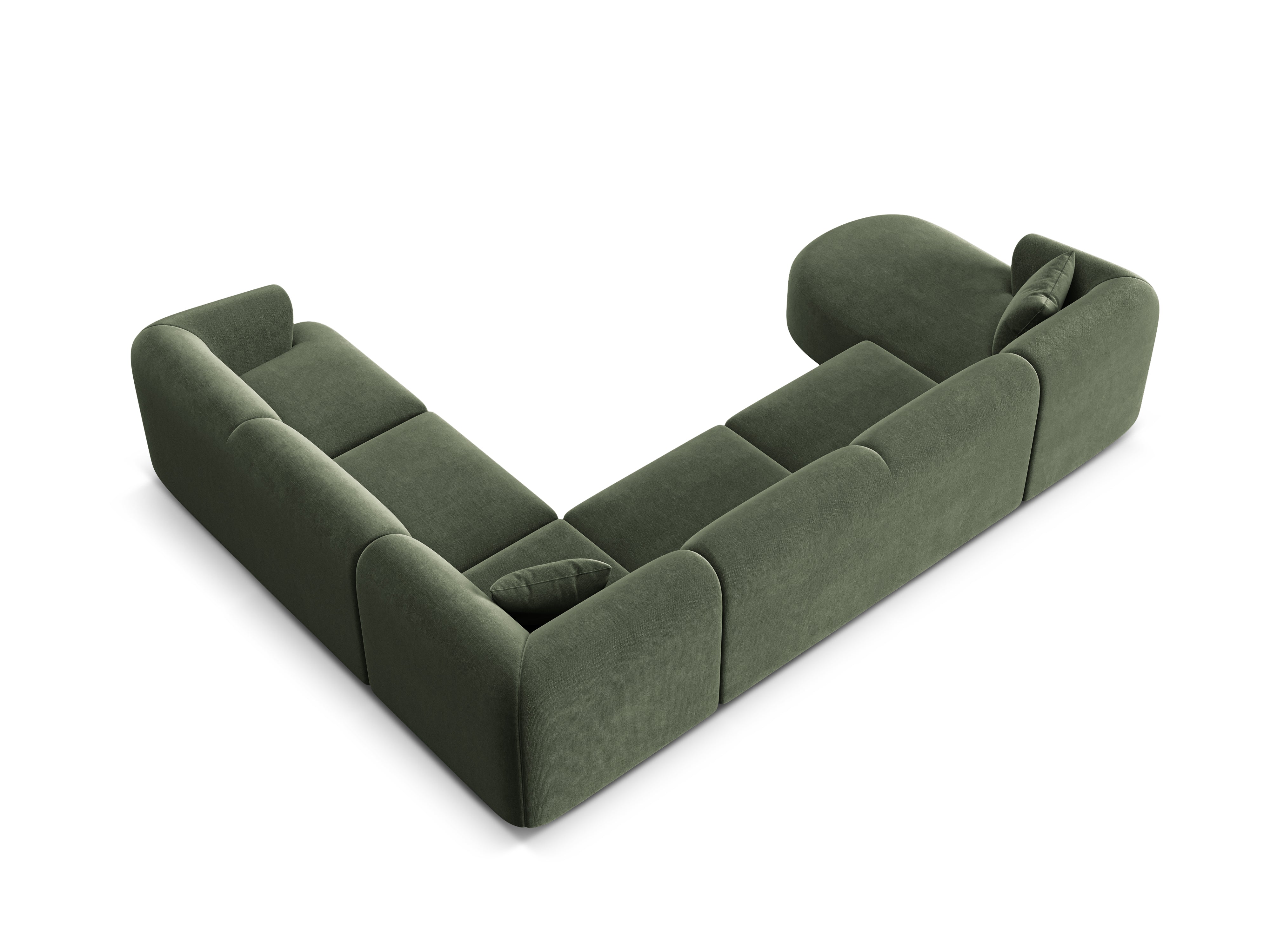 Rechtsseitiges, samtiges, panoramisches 7-sitziges Sofa CAMPI in Grün