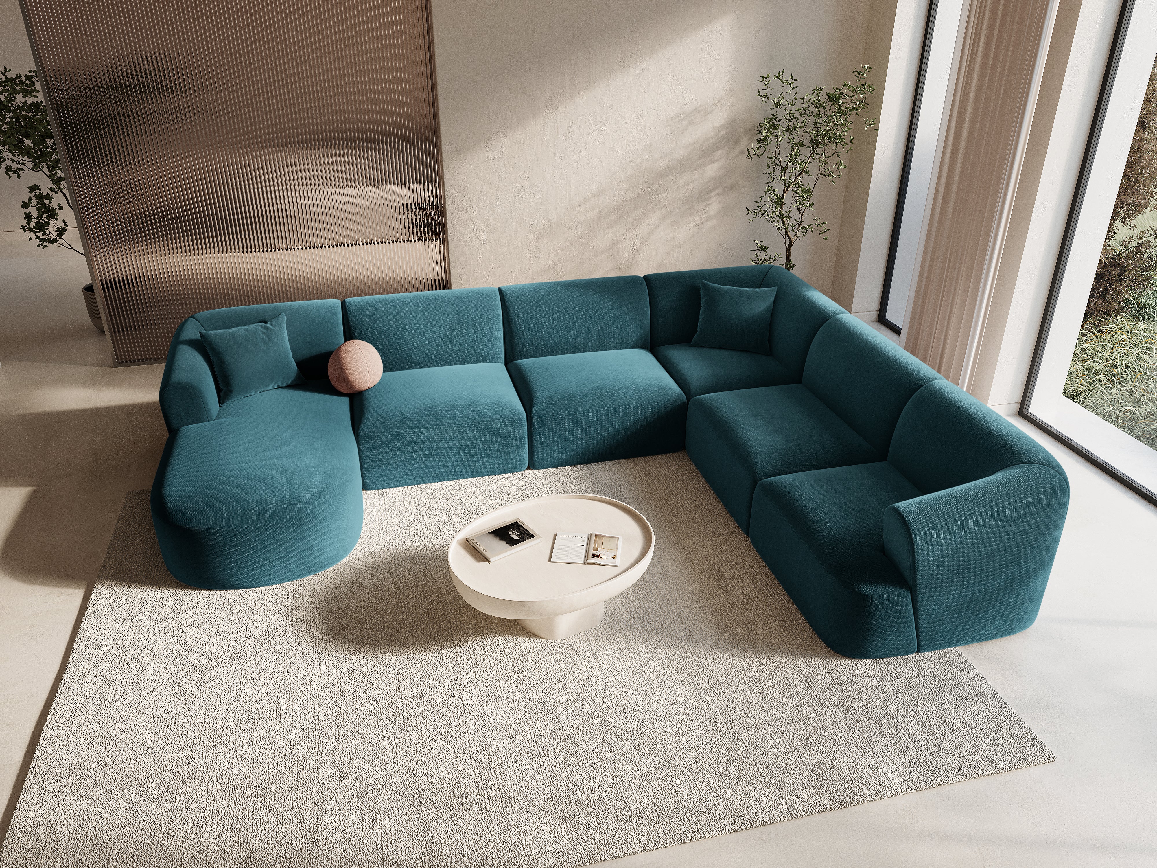 Rechtsseitiges, samtiges, panoramisches 7-sitziges Sofa CAMPI petrol
