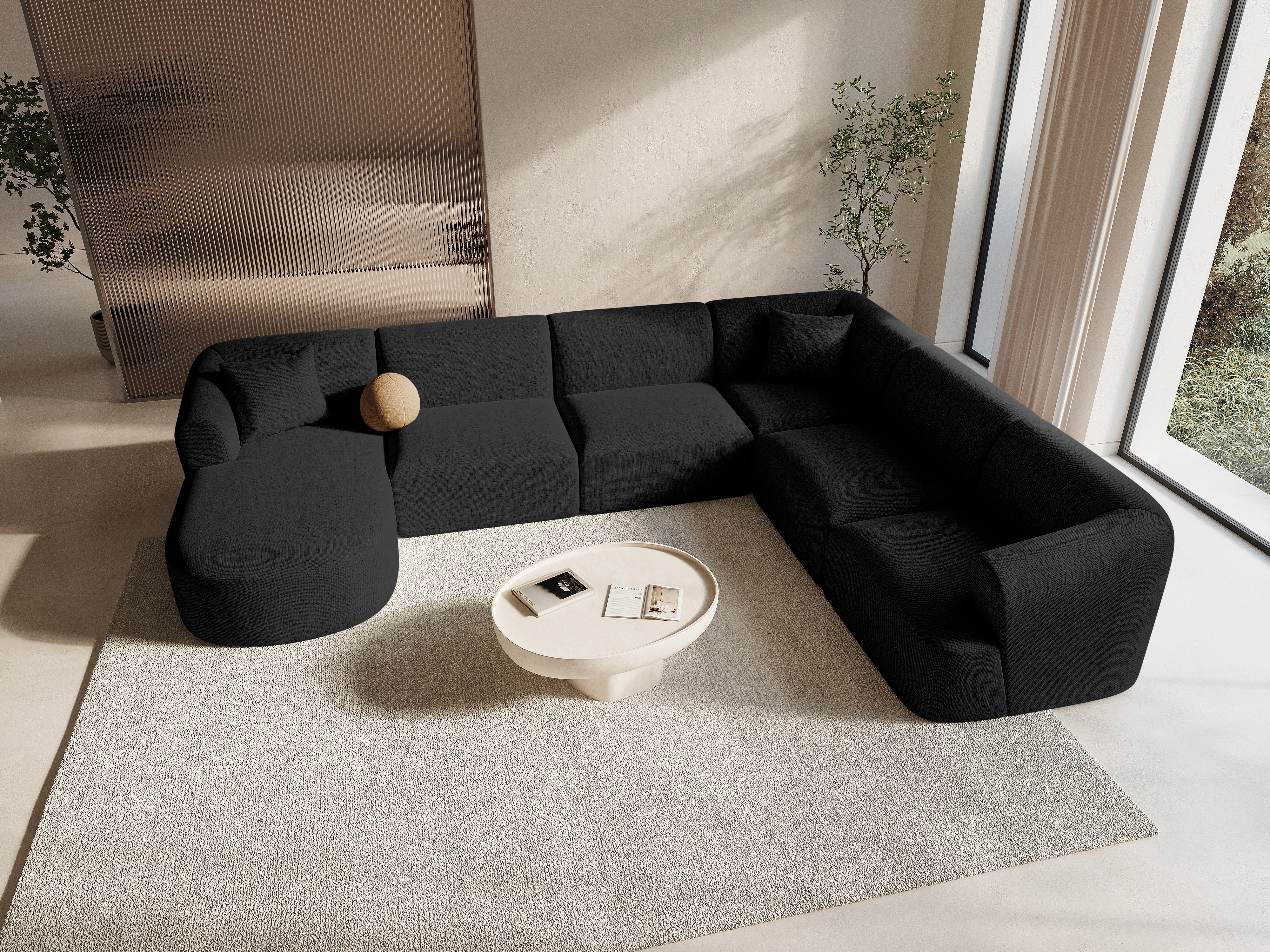 Right-sided panoramic corner sofa for 7 people CAMPI black chenille