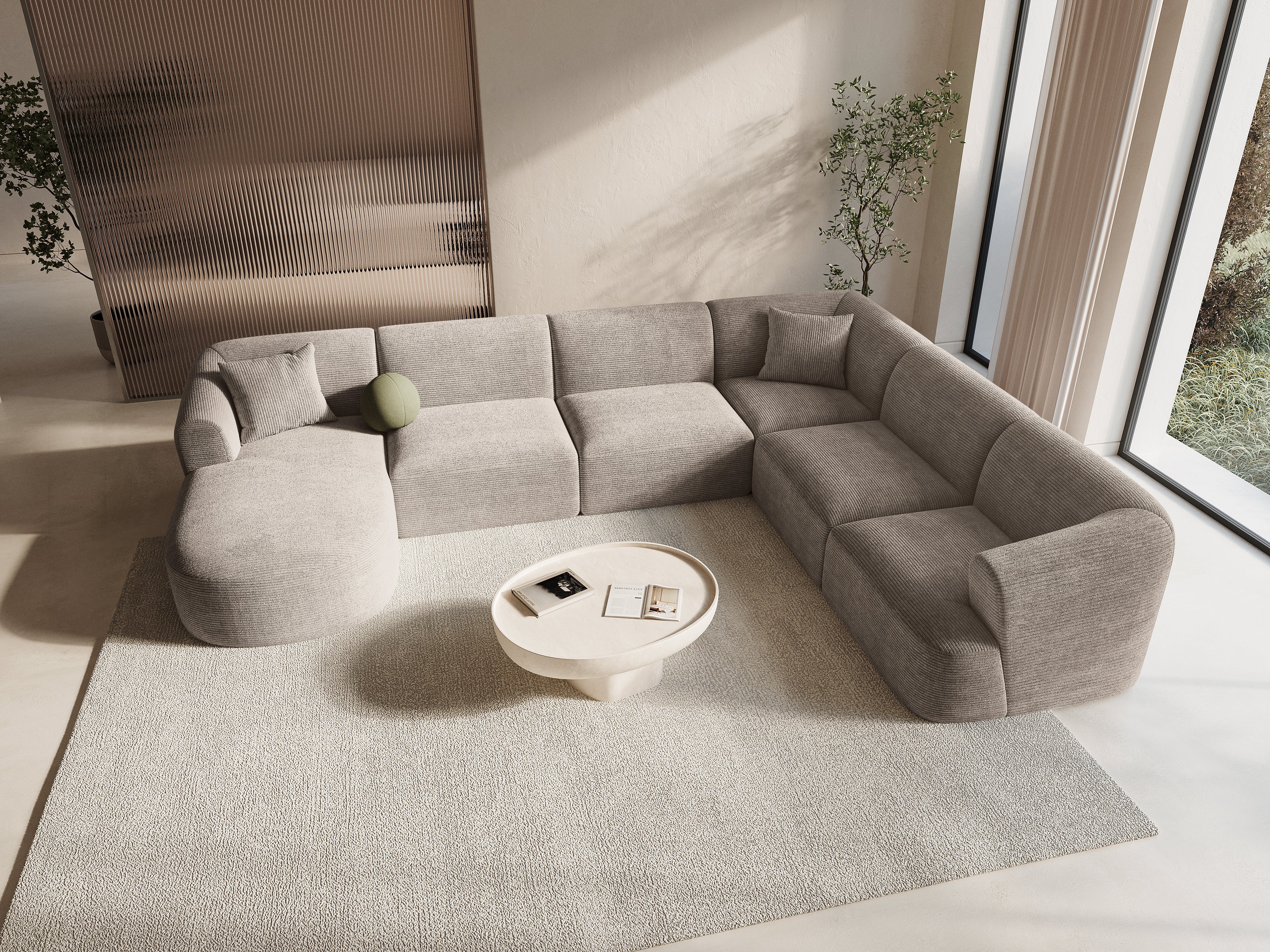 Rechtsseitige panoramische 7-sitzige Eckcouch CAMPI beige Cord