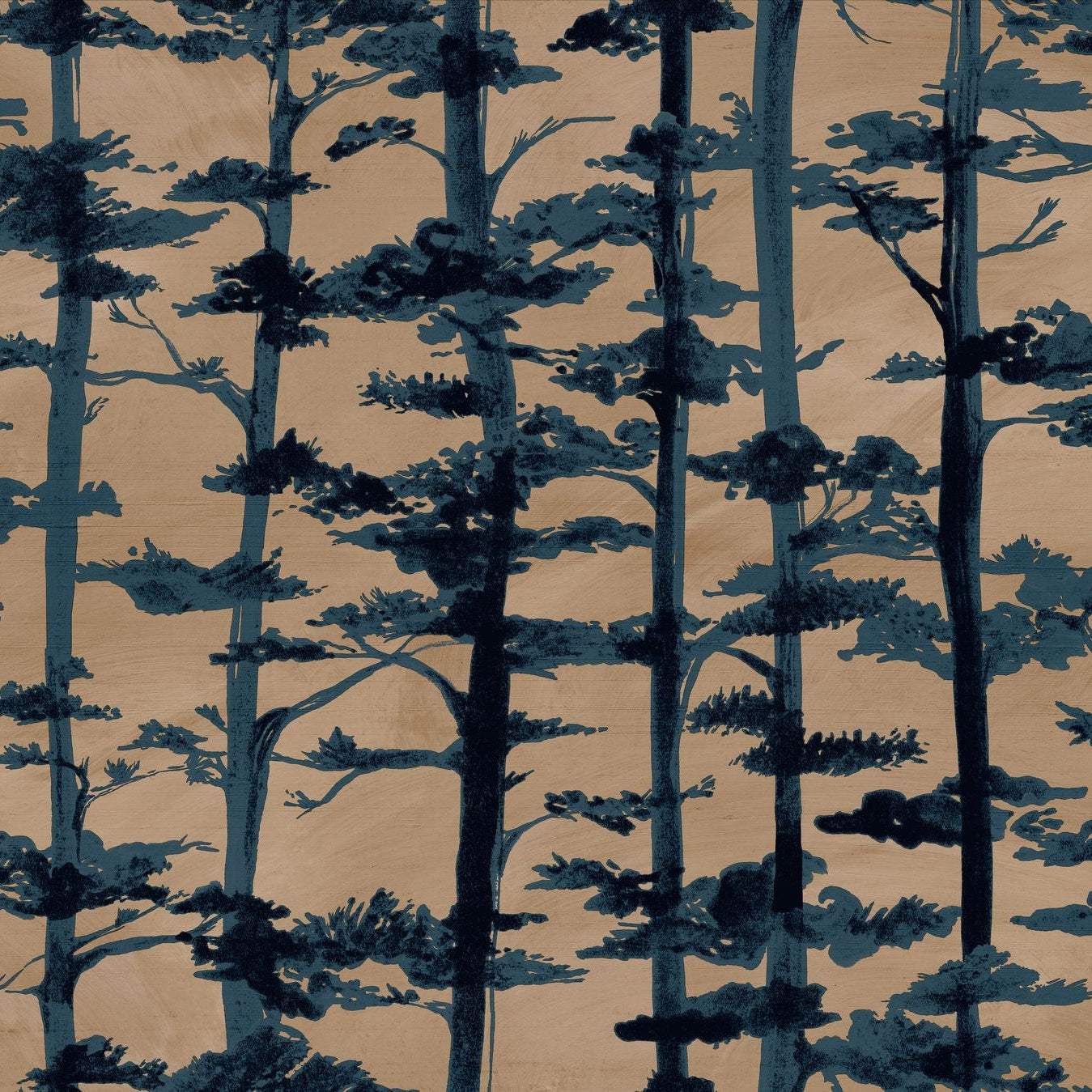 Structural wallpaper with an oriental tree plant motif AME - DORÉ/ENCRE navy blue with dark beige