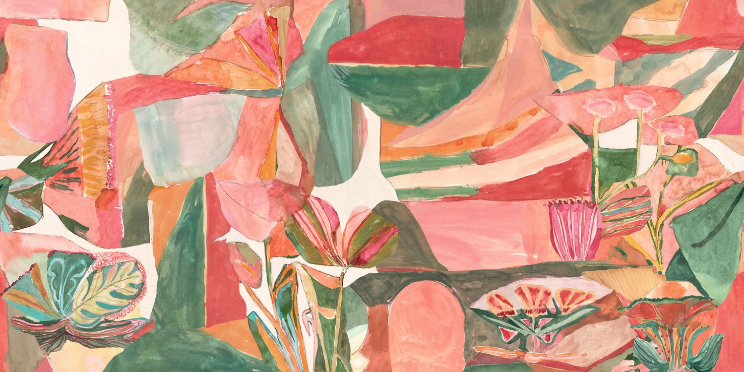 Abstract textile mural with a plant motif JARDIN DANSÉ - BLUSH MULTICOLORE pink with green and red