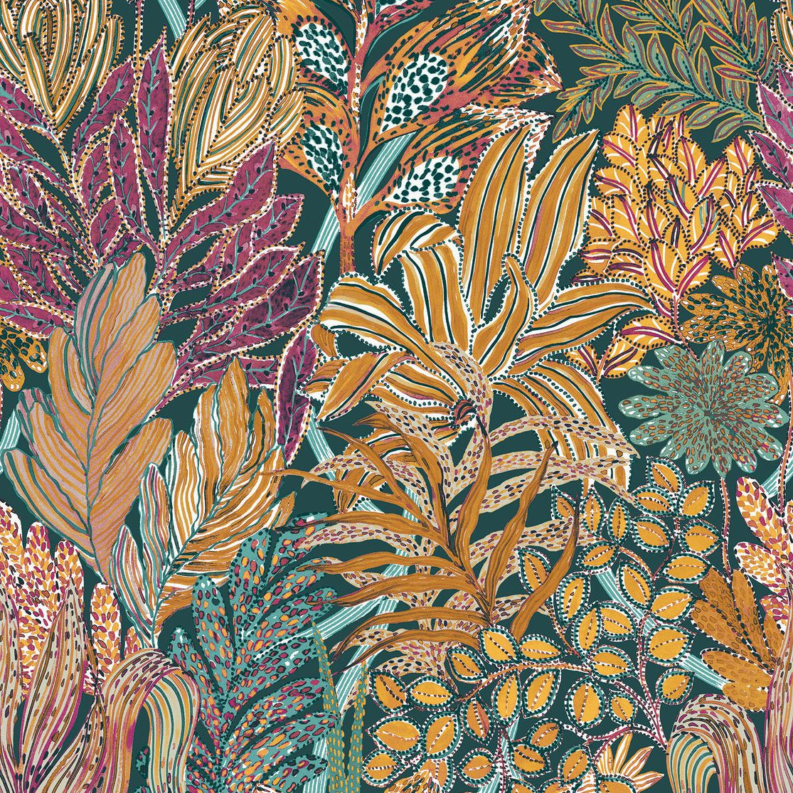 Vlies-Tapete mit Pflanzenmotiv BORROMMEE - PÉTROLE/MULTICO türkis mit grün