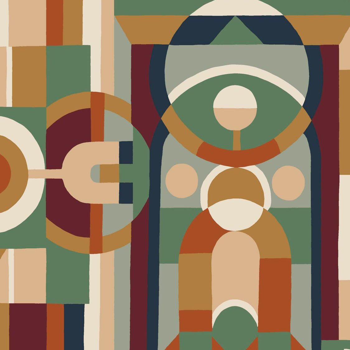 Tapete mit geometrischem Glasmalerei-Motiv VITRAIL - MULTICO orange mit grün und bordeaux