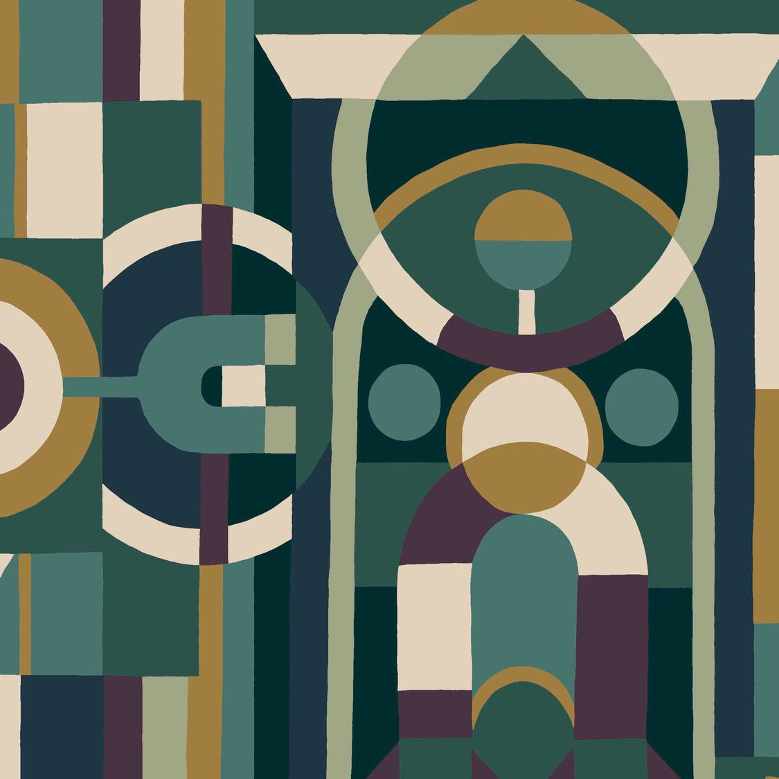 Tapete mit geometrischem Glasmalerei-Motiv VITRAIL - ÉMERAUDE/VIOLET smaragdgrün mit Violett