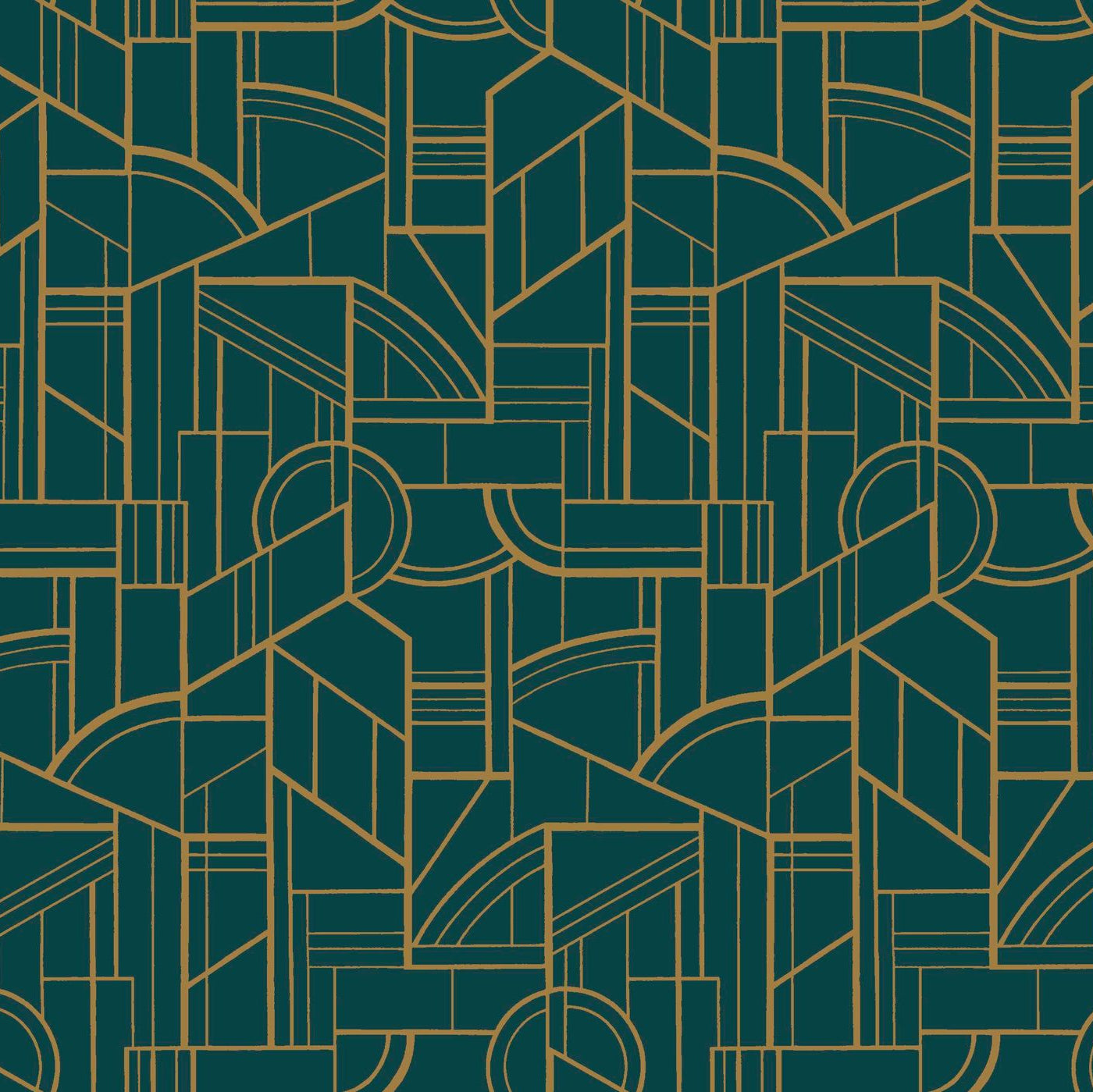 Metallic Wallpaper with Geometric Pattern CINÉTIQUE - TEAL/GOLD green with gold