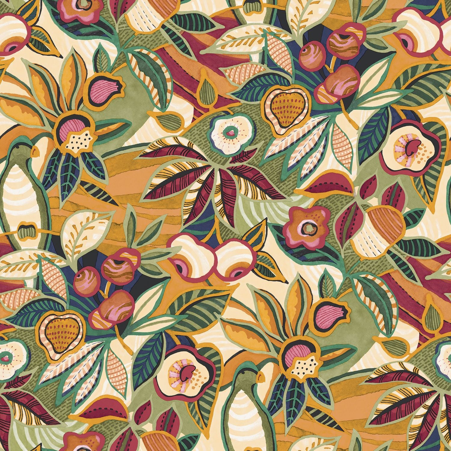 Vinyl wallpaper with a plant motif TEHUANA - MULTICO green with mustard and burgundy