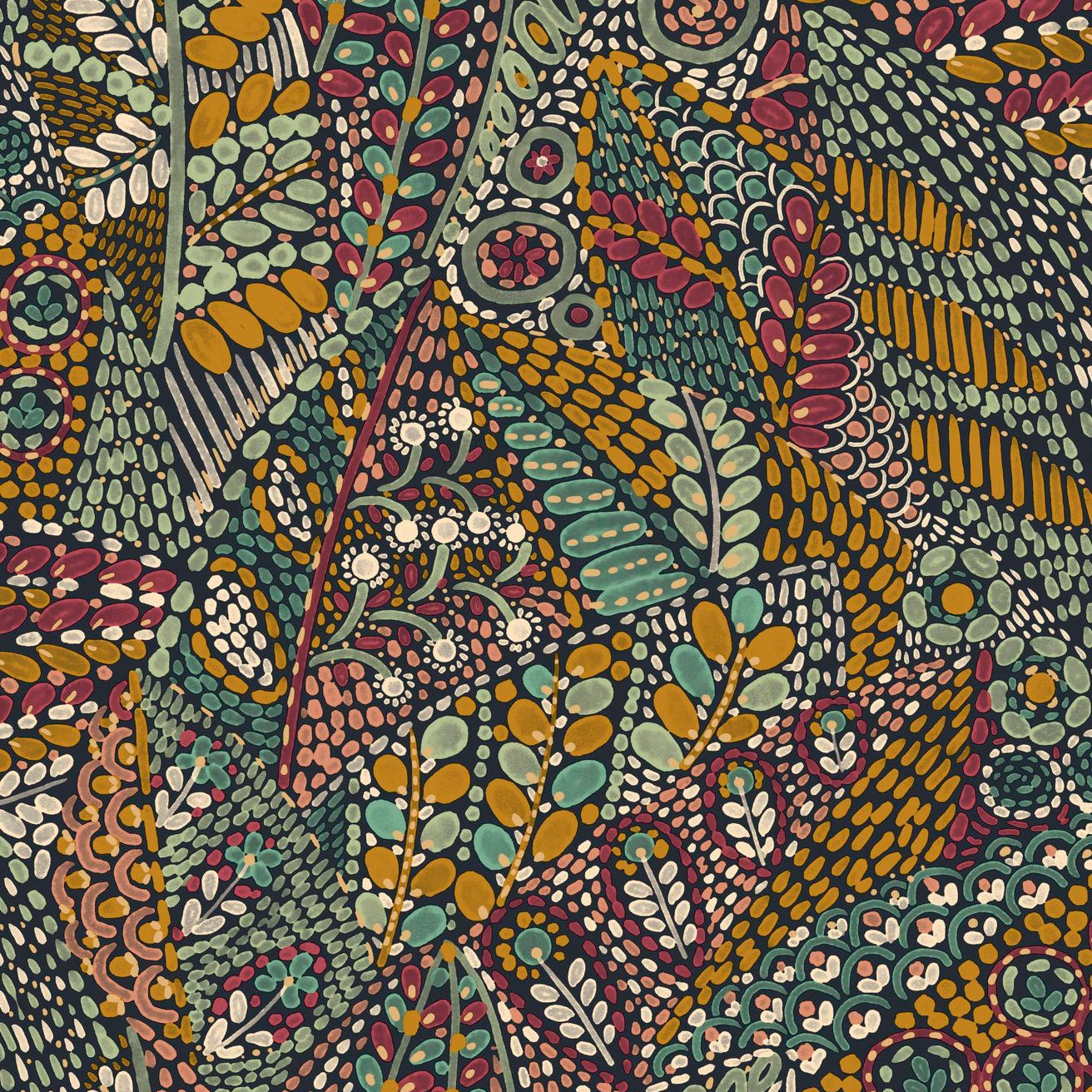 Talavera Leaf Pattern Wallpaper - Multicolor Green with Burgundy and Orange