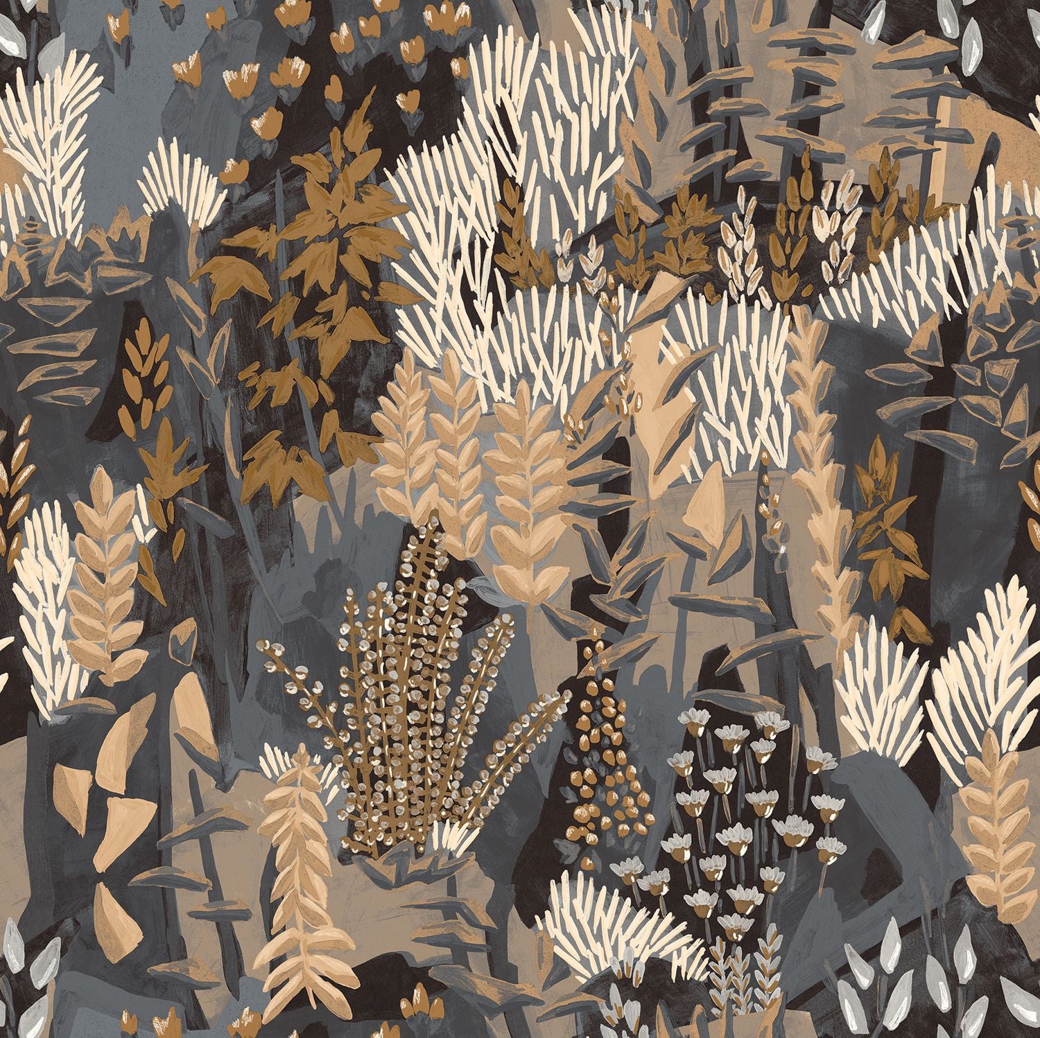 Vlies-Tapete mit Pflanzenmotiv ERICA - ANTHRAZIT/SABLE warmes Anthrazit