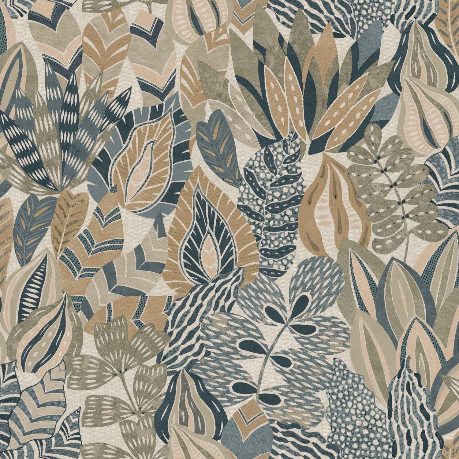 Tapete mit pflanzlichem Blattmotiv ALFABIA - PIERRE BLEUE/TRAVERTIN graublau mit Bronze