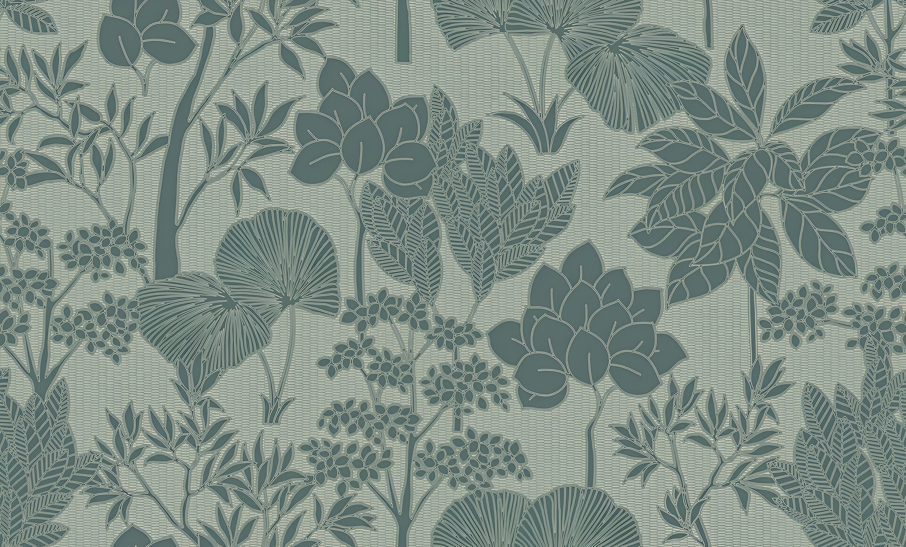 Structural wallpaper with a floral pattern of leaves and flowers INARA - CÉLADON/DORÉ light green with gray