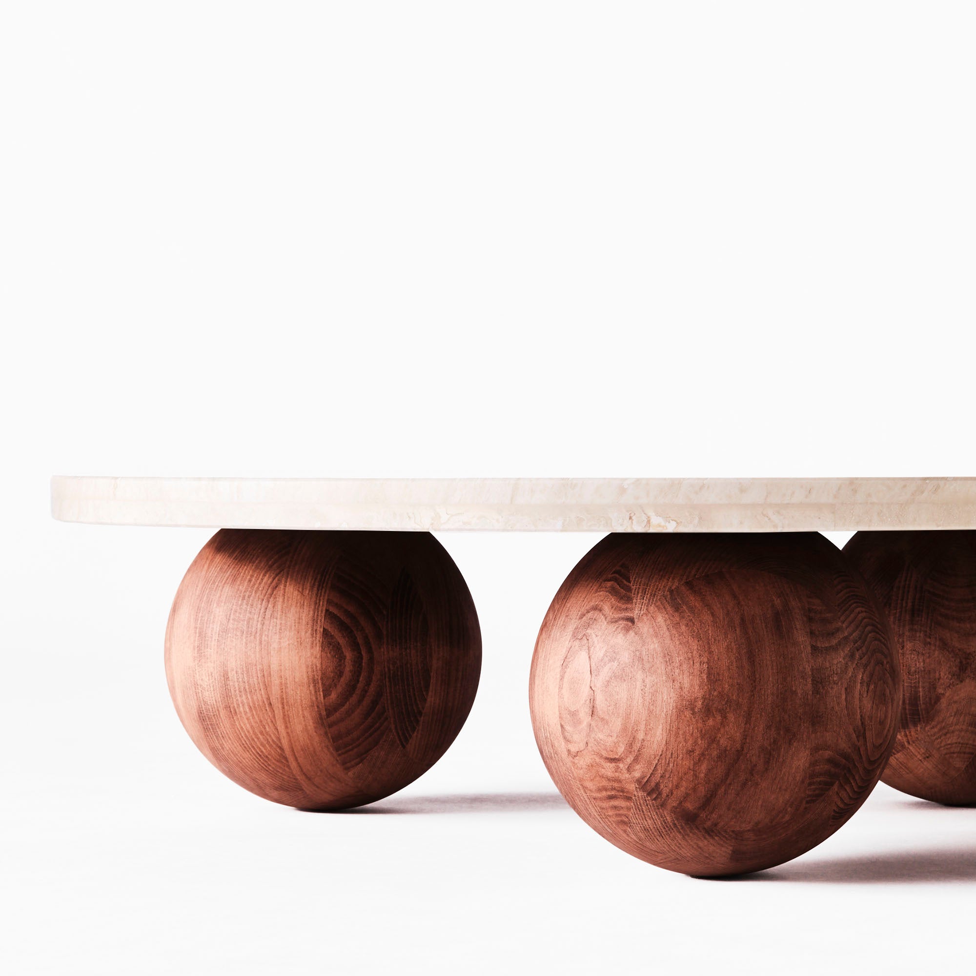 Round coffee table SPHERE travertine marble with ash base