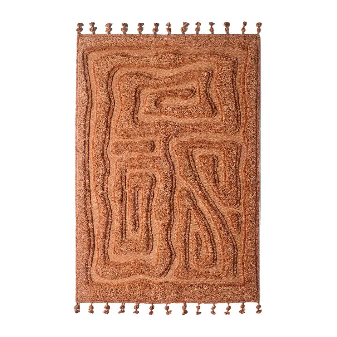 Wool rug BEATEN TRACK orange with fringes