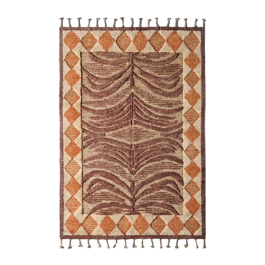 Wool rug WILDCAT brown-orange with fringes