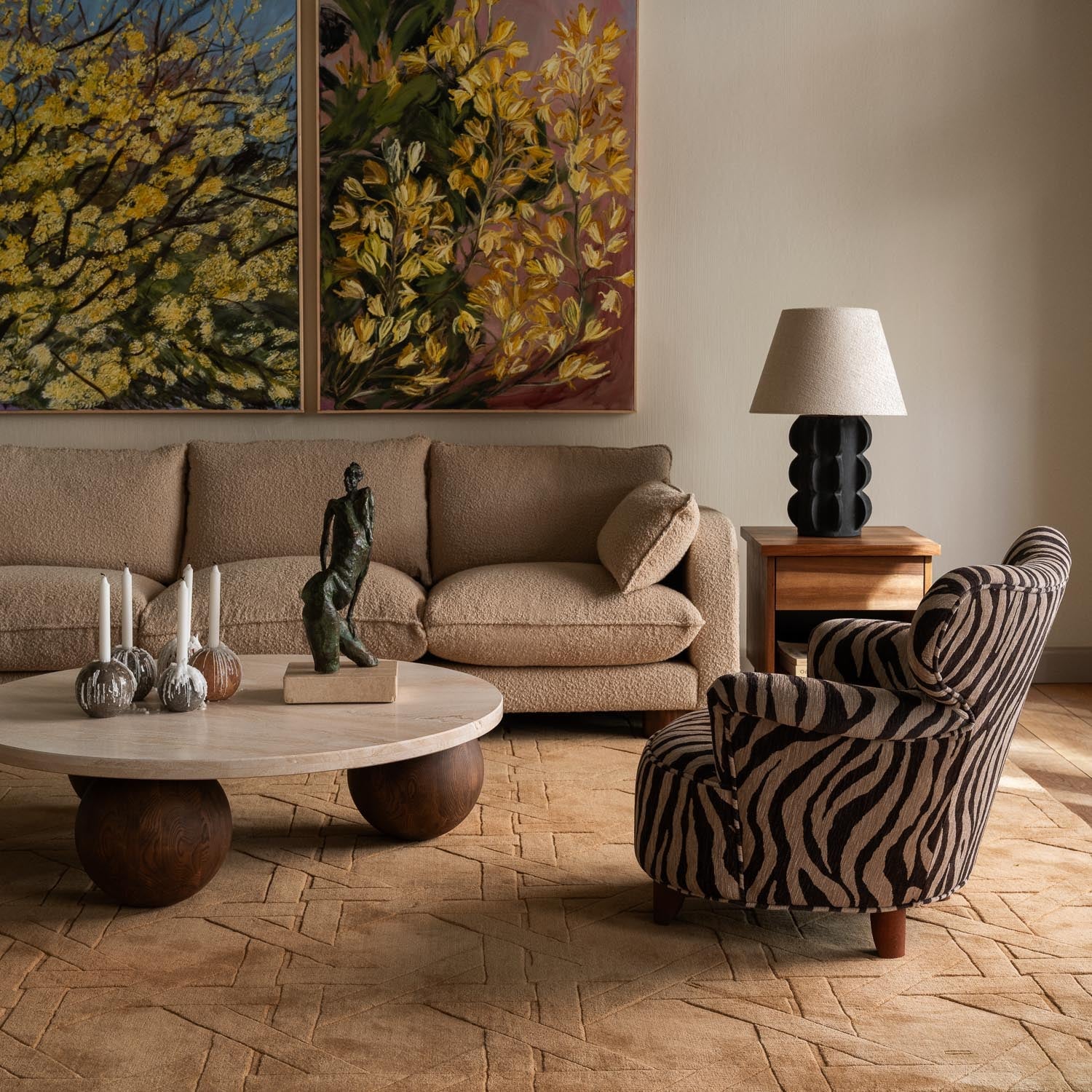 Round coffee table SPHERE travertine marble with ash base