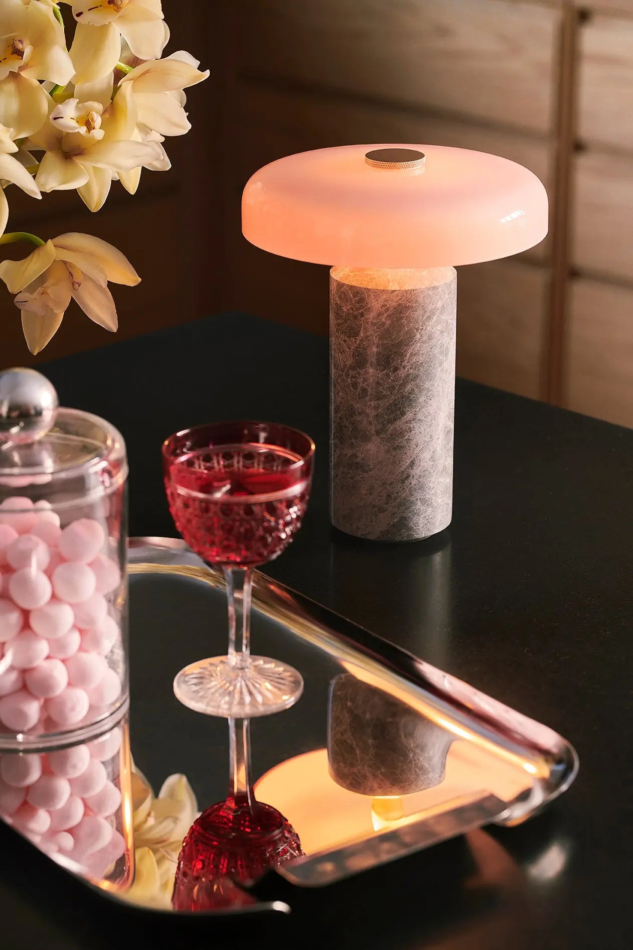 Lampa przenośna TRIP srebrny marmur z różowym szkłem – szkło