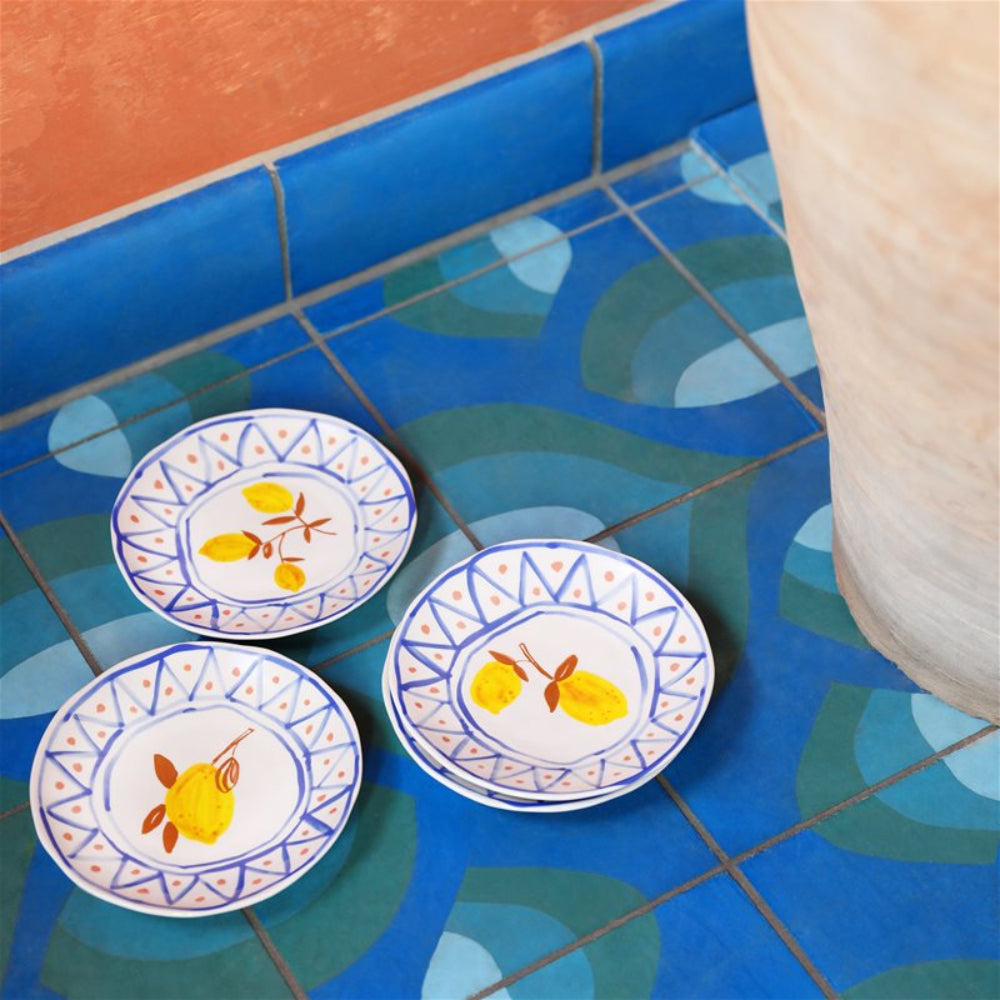 Set von Untertassen LEMON MOROCCAN weiß mit blau und gelb