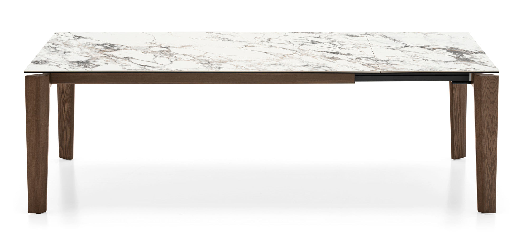 Extendable table DOGMA with a white top and dark wooden base