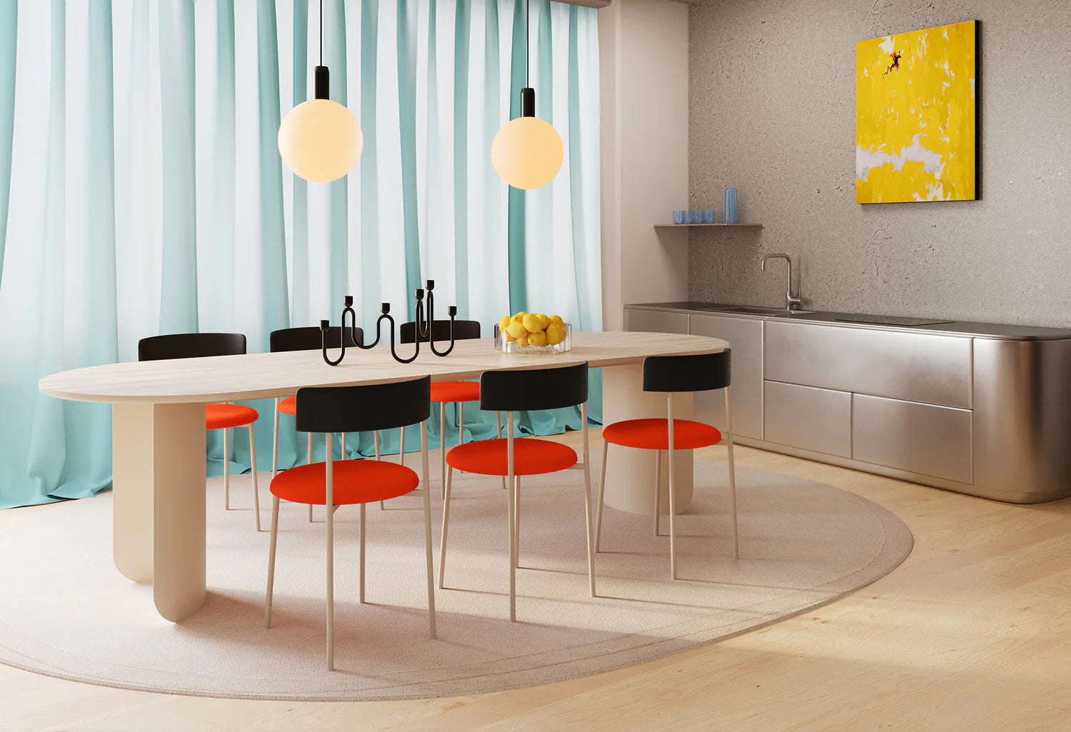 Ovaler Tisch PLATEAU mit Eichenplatte und sandfarbener Basis