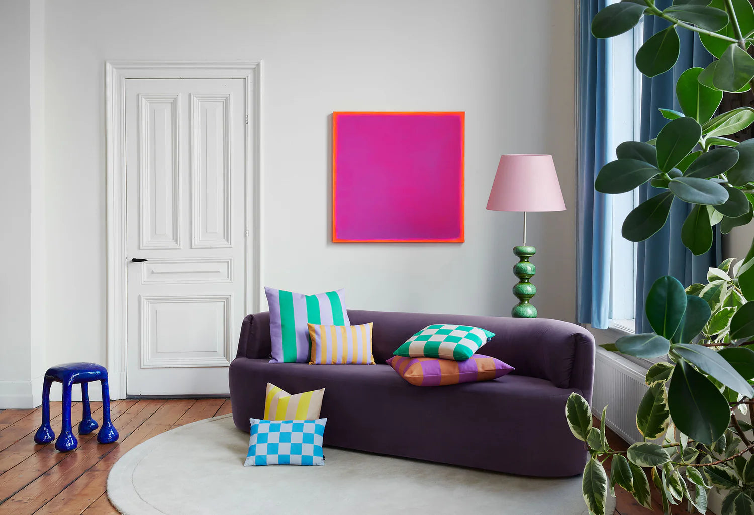 STRIPES AND CHECKS Pillow in Orange with Green