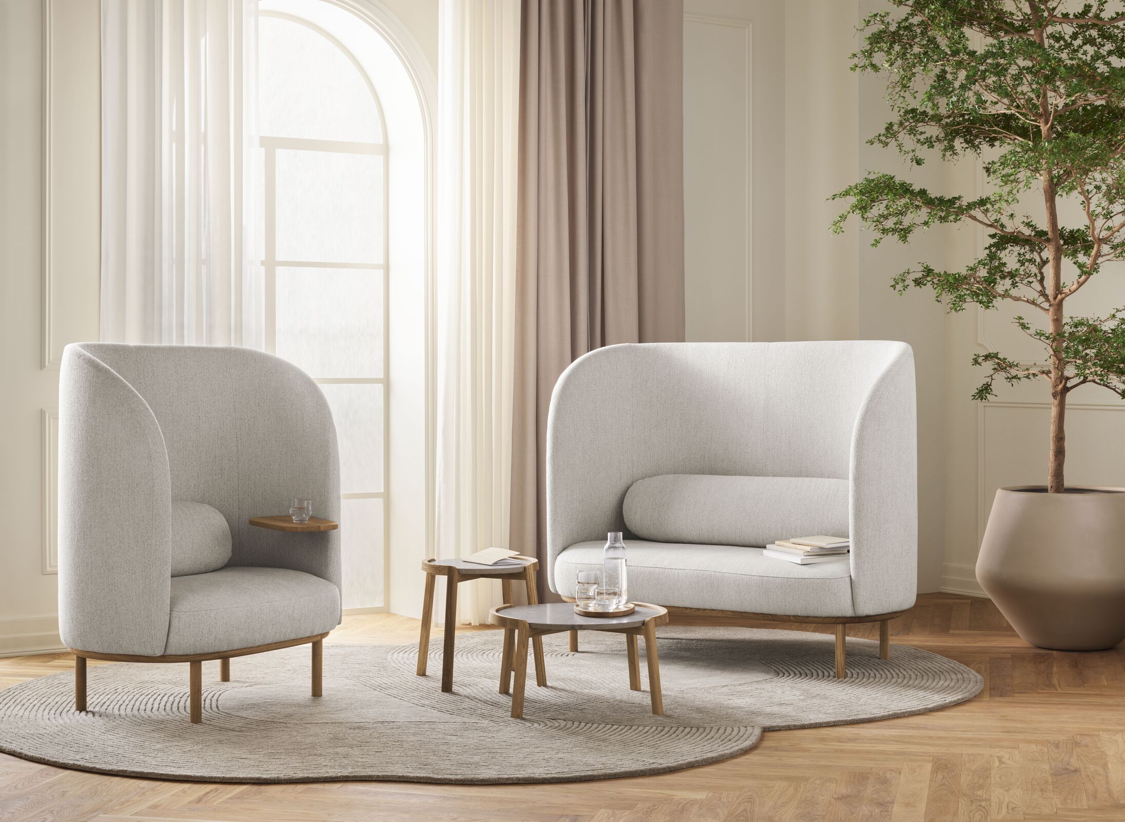 Sessel mit Fuuga -Nisttisch -Eichenholz -Holzbasis