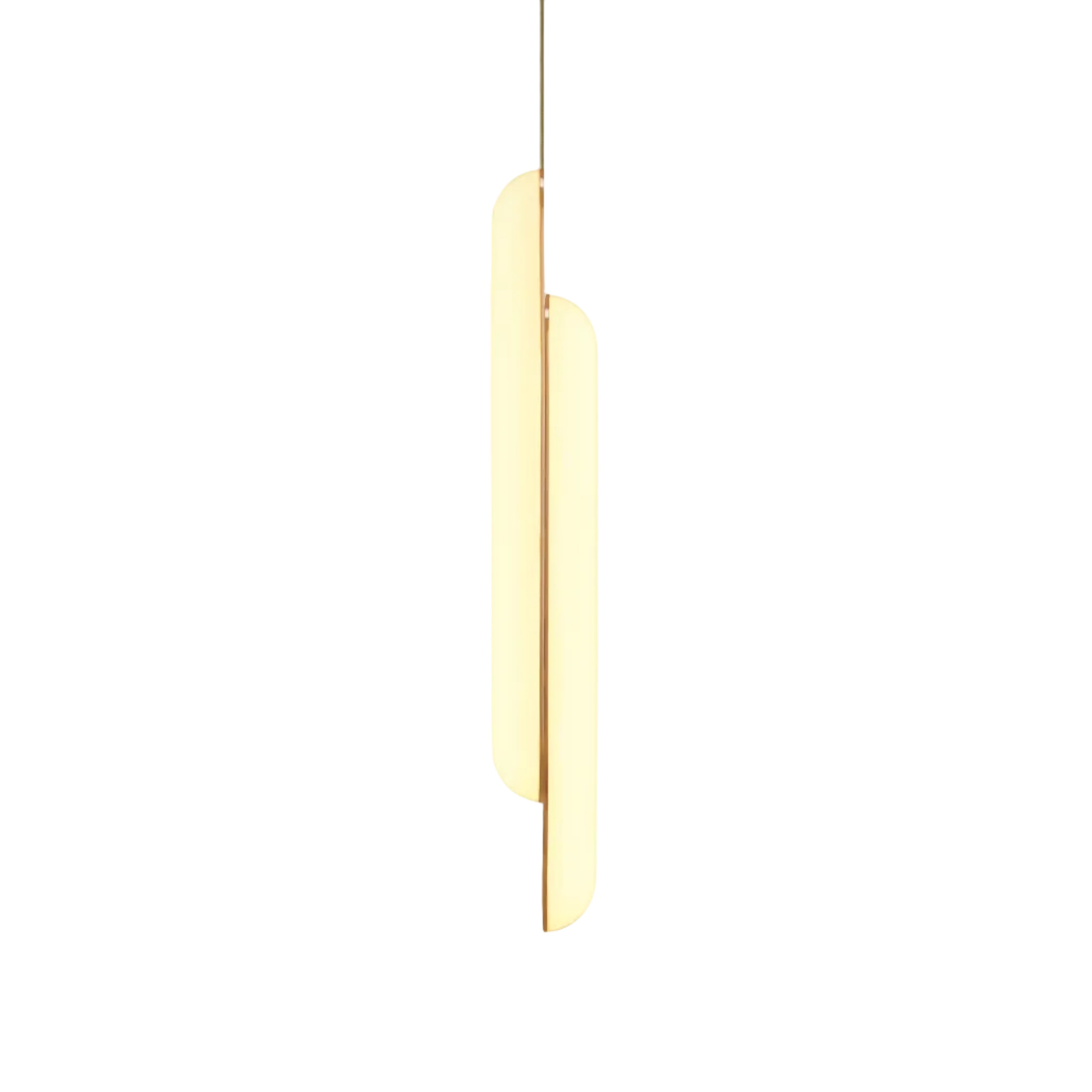 Vertical pendant lamp GEMINI with an opal shade and brass accents.