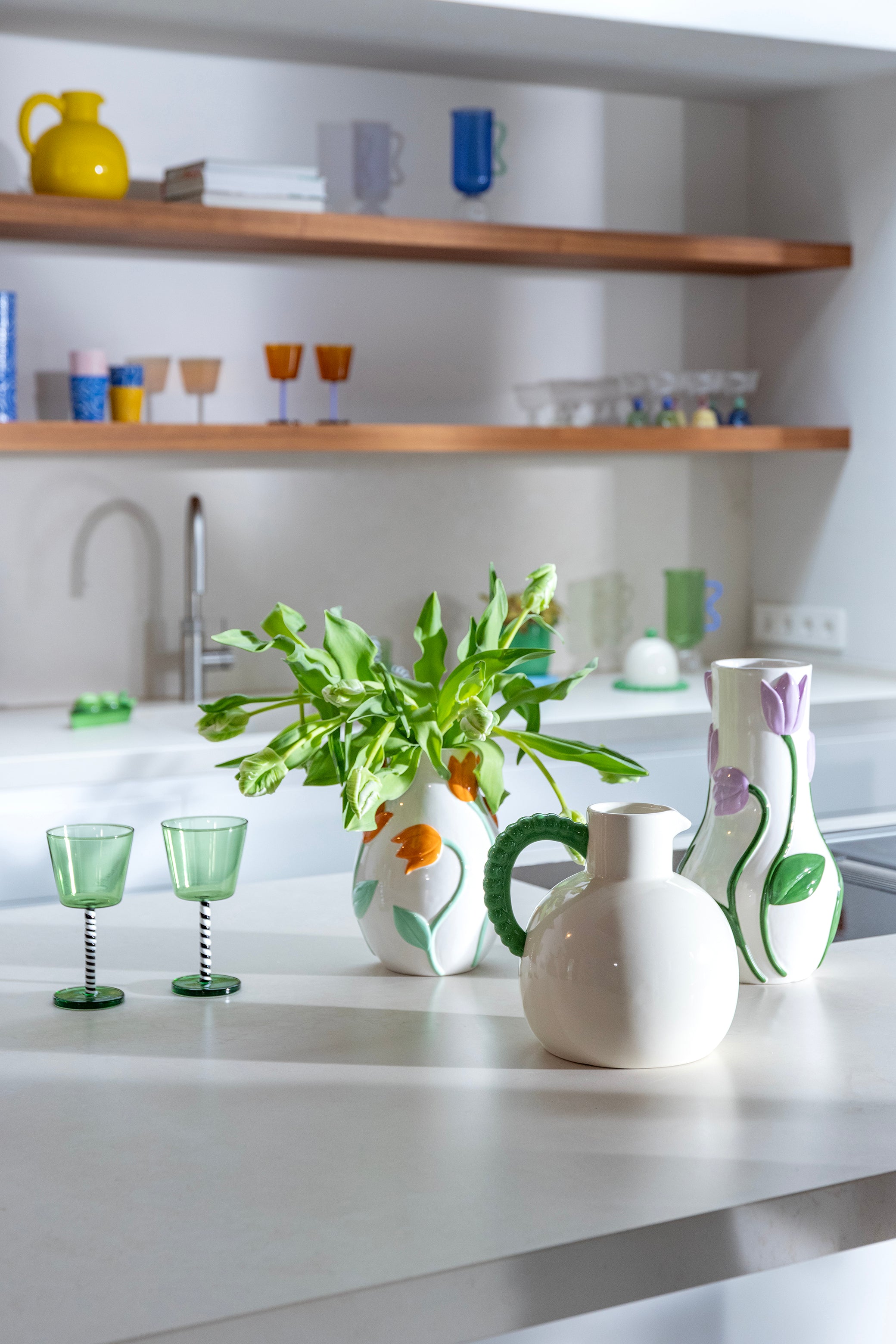 Tulip Vase white with green and orange