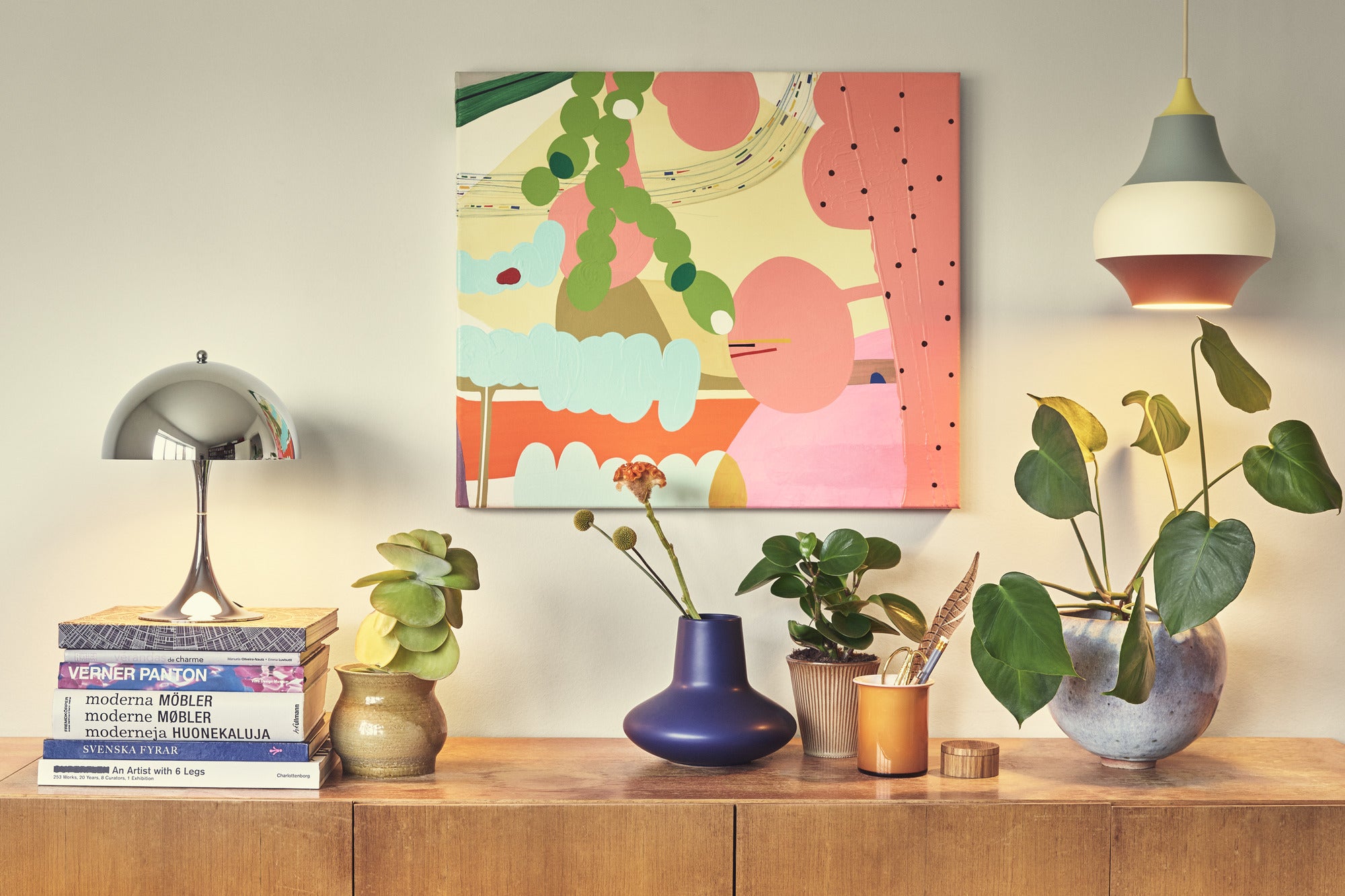 Pendant lamp CIRQUE copper-white-blue with yellow tip