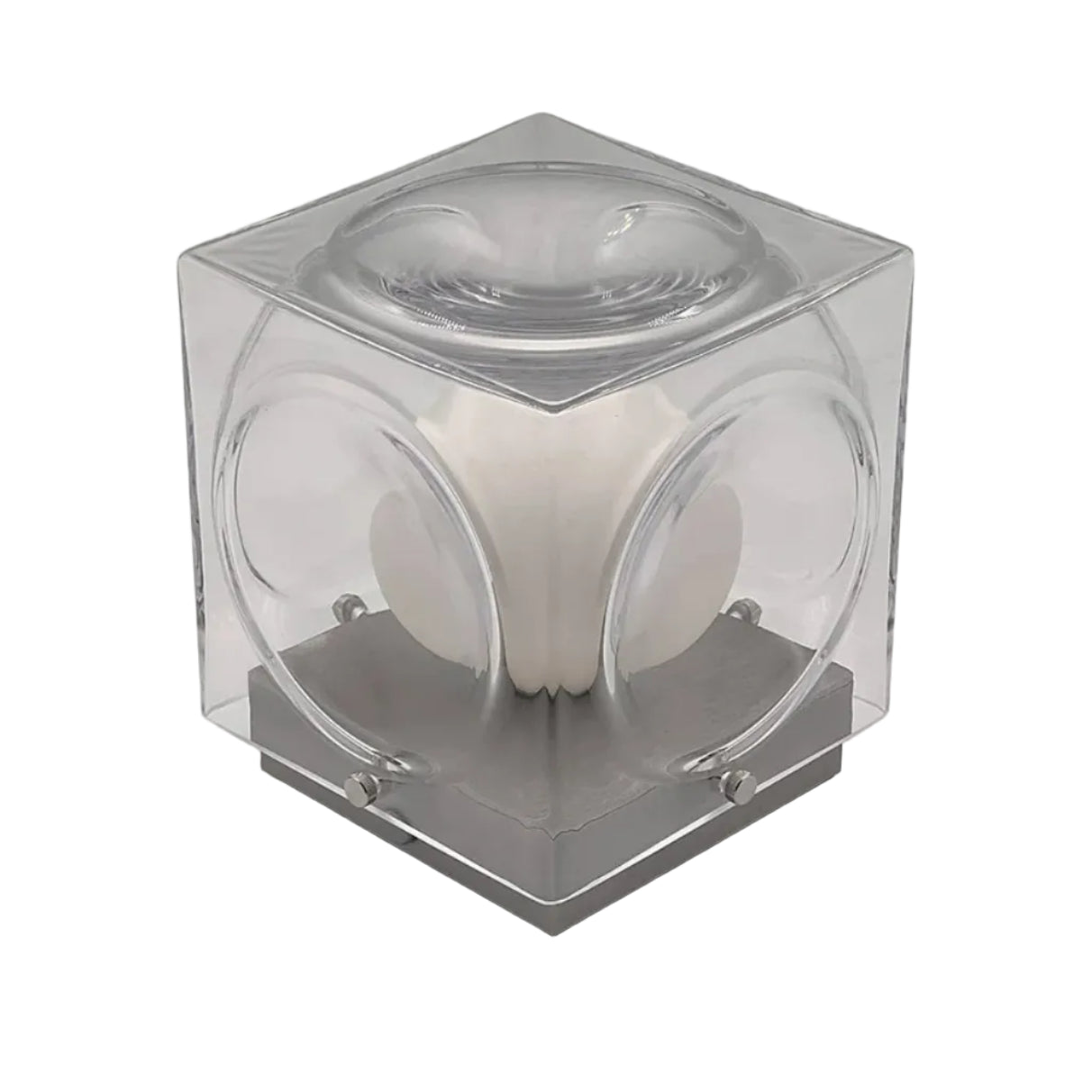 Portable lamp CHANT with a glass shade and silver base.