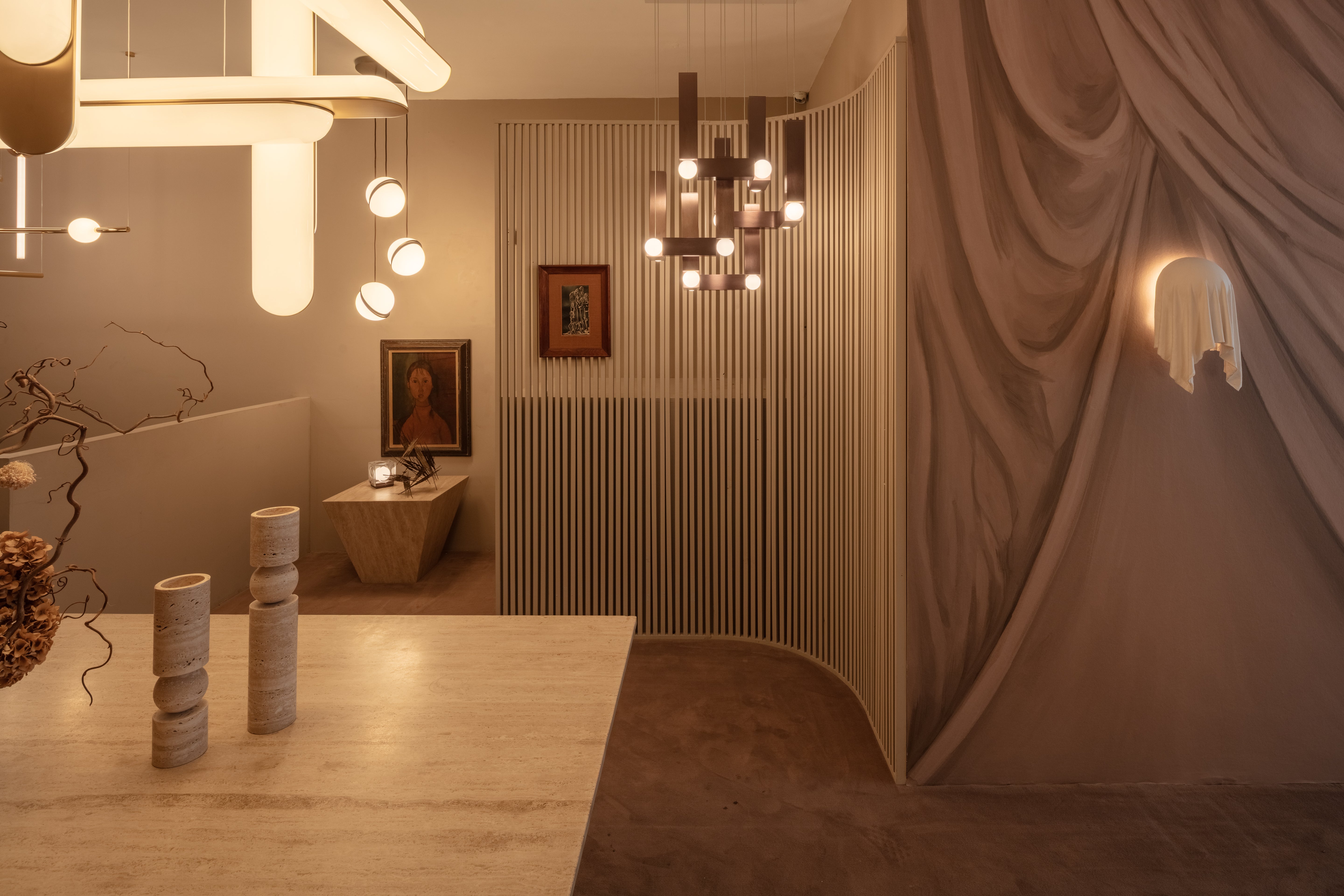 VESPER DUO pendant lamp with an opal shade and brown finish.