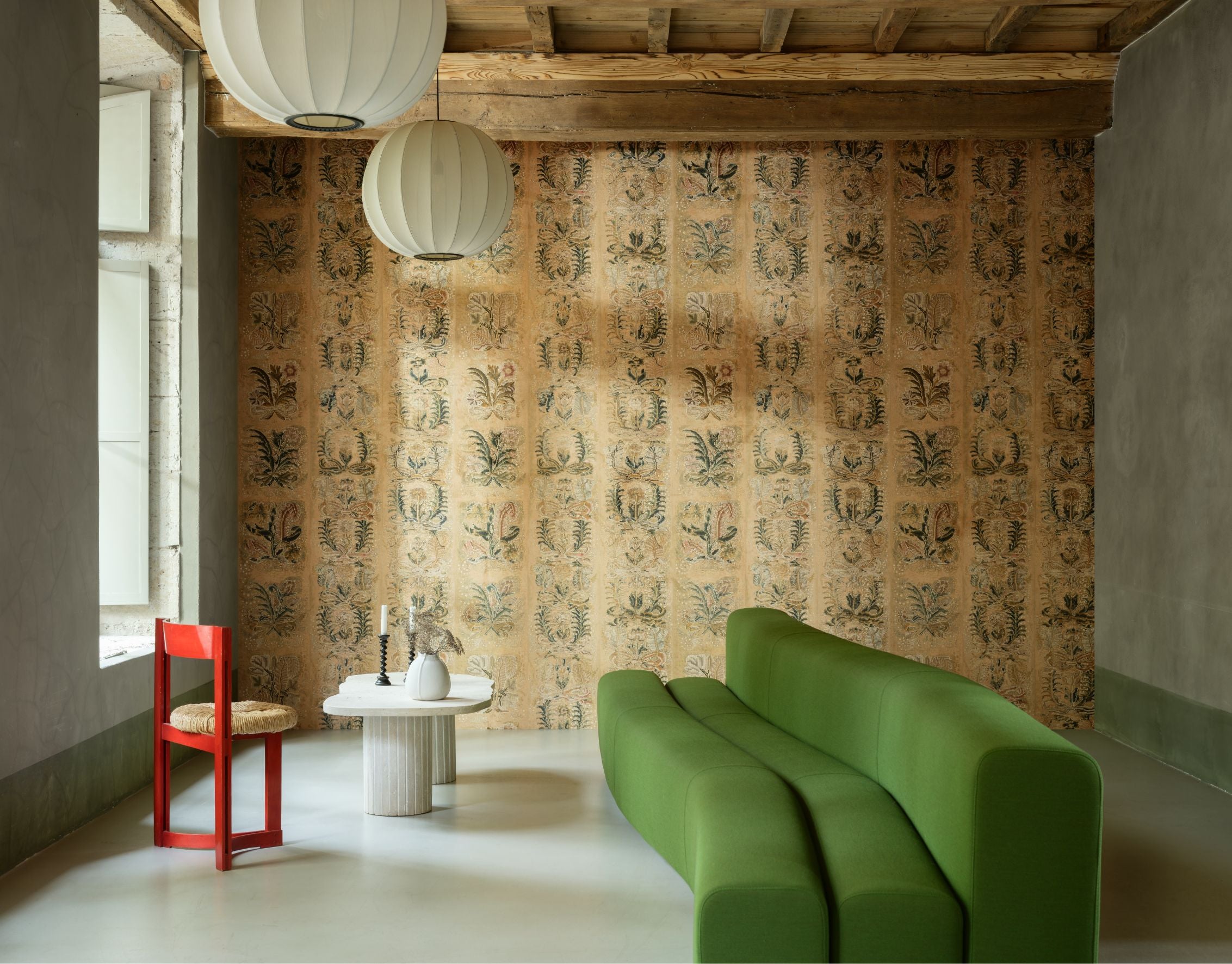 Textile wallpaper with a plant motif ORNAMENT dark gold with green