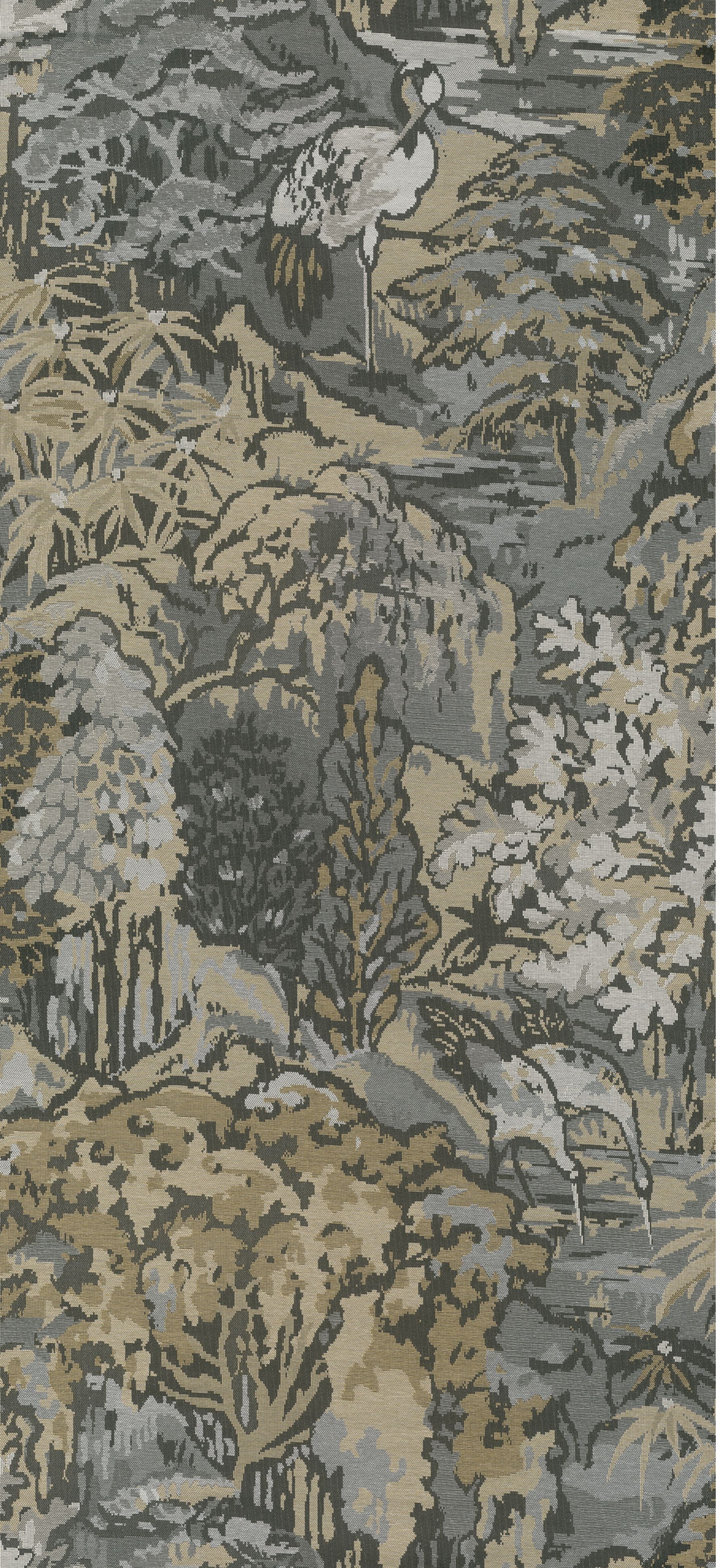 Textile wallpaper with a plant and animal motif RIVERBANK gray with brown