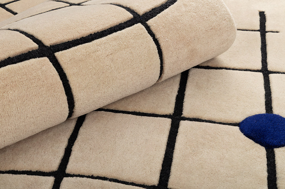 Beige LONDON Rug with Cobalt Blue