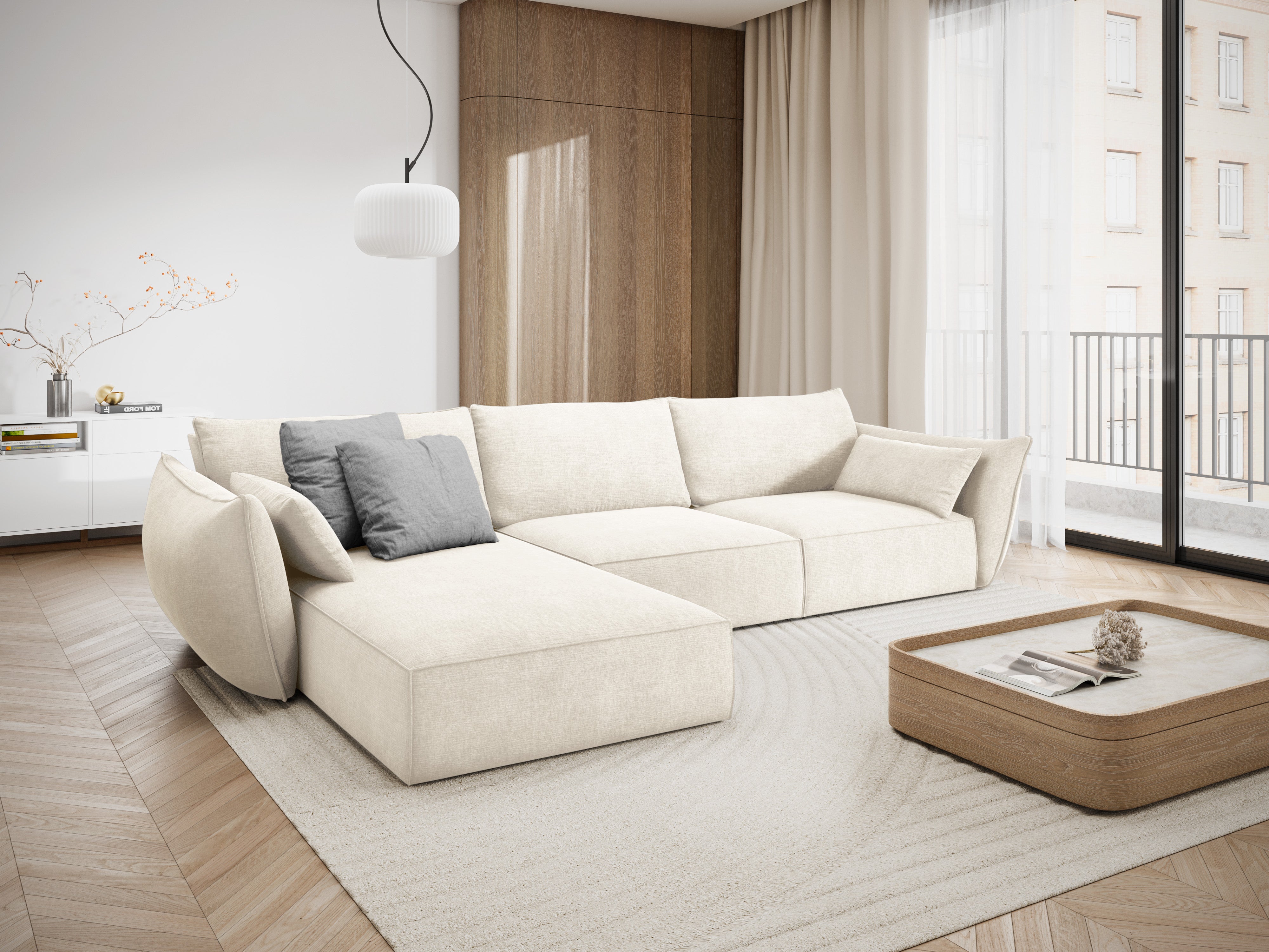 A corner in the szenil fabric left-sided 4-person light beige Vanda
