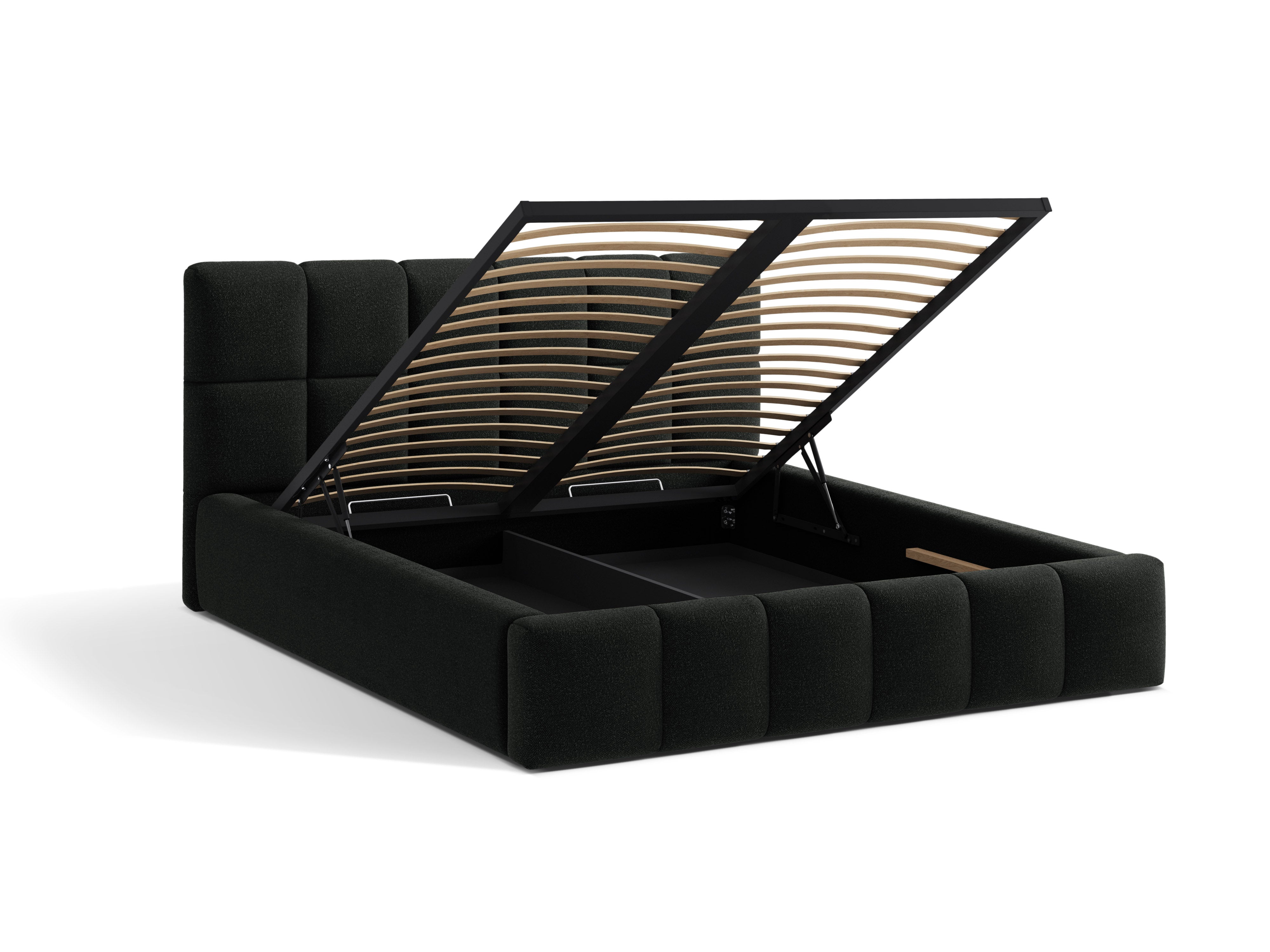 BELLIS Bed with Storage for Bedding in Black Boucle