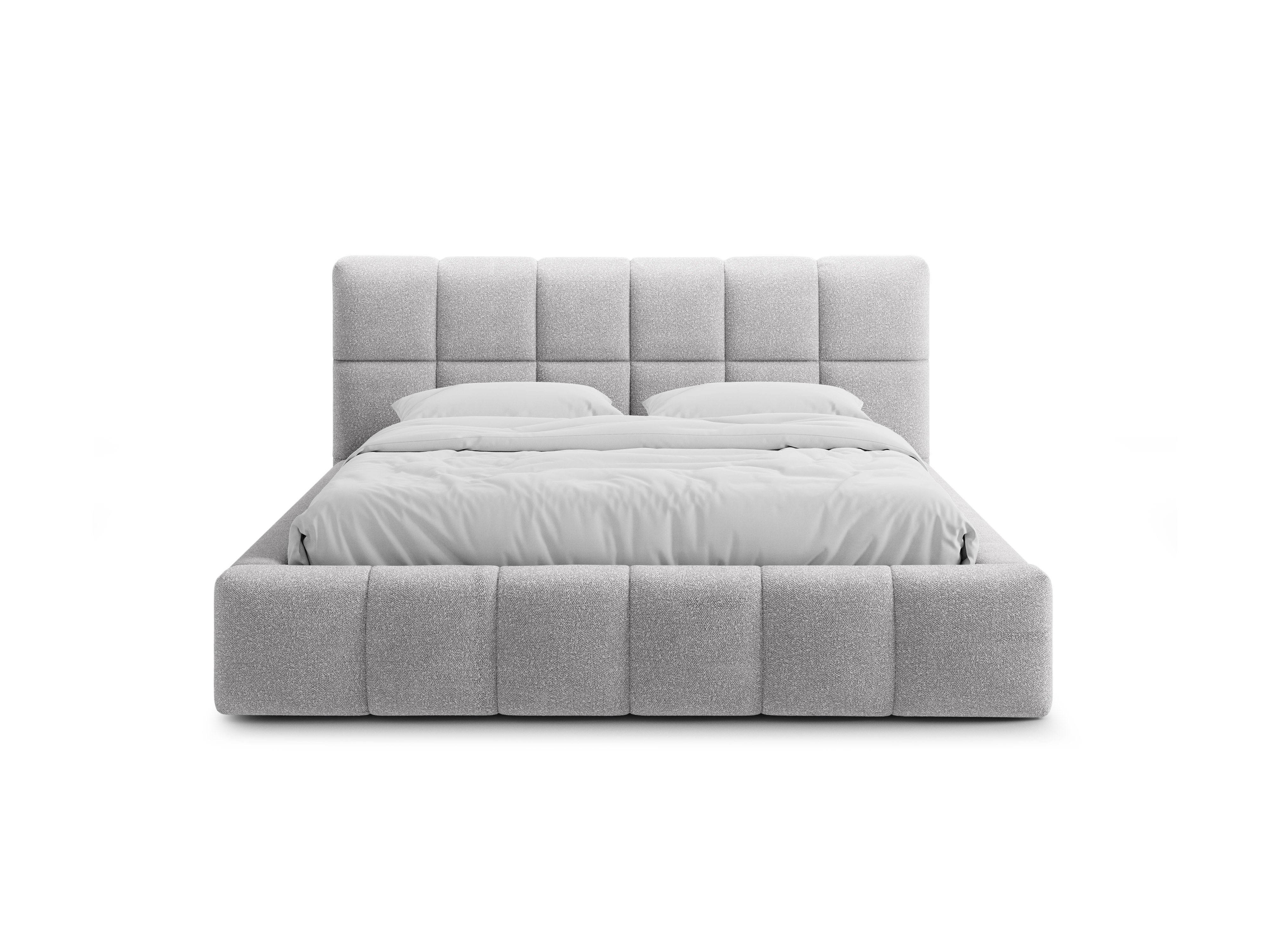 BELLIS bed with storage for bedding in light gray boucle.