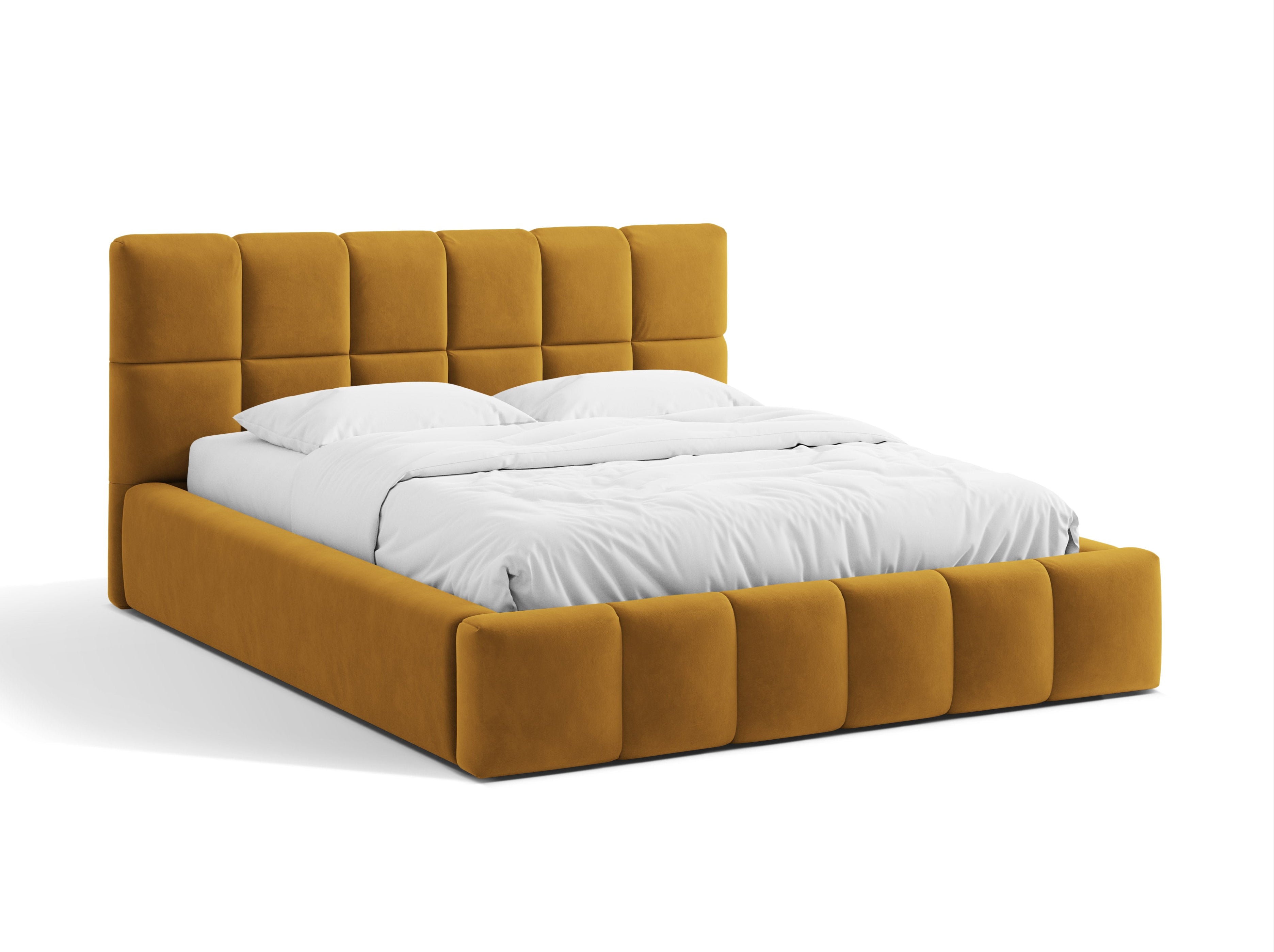 Velvet bed with storage for bedding BELLIS in mustard.