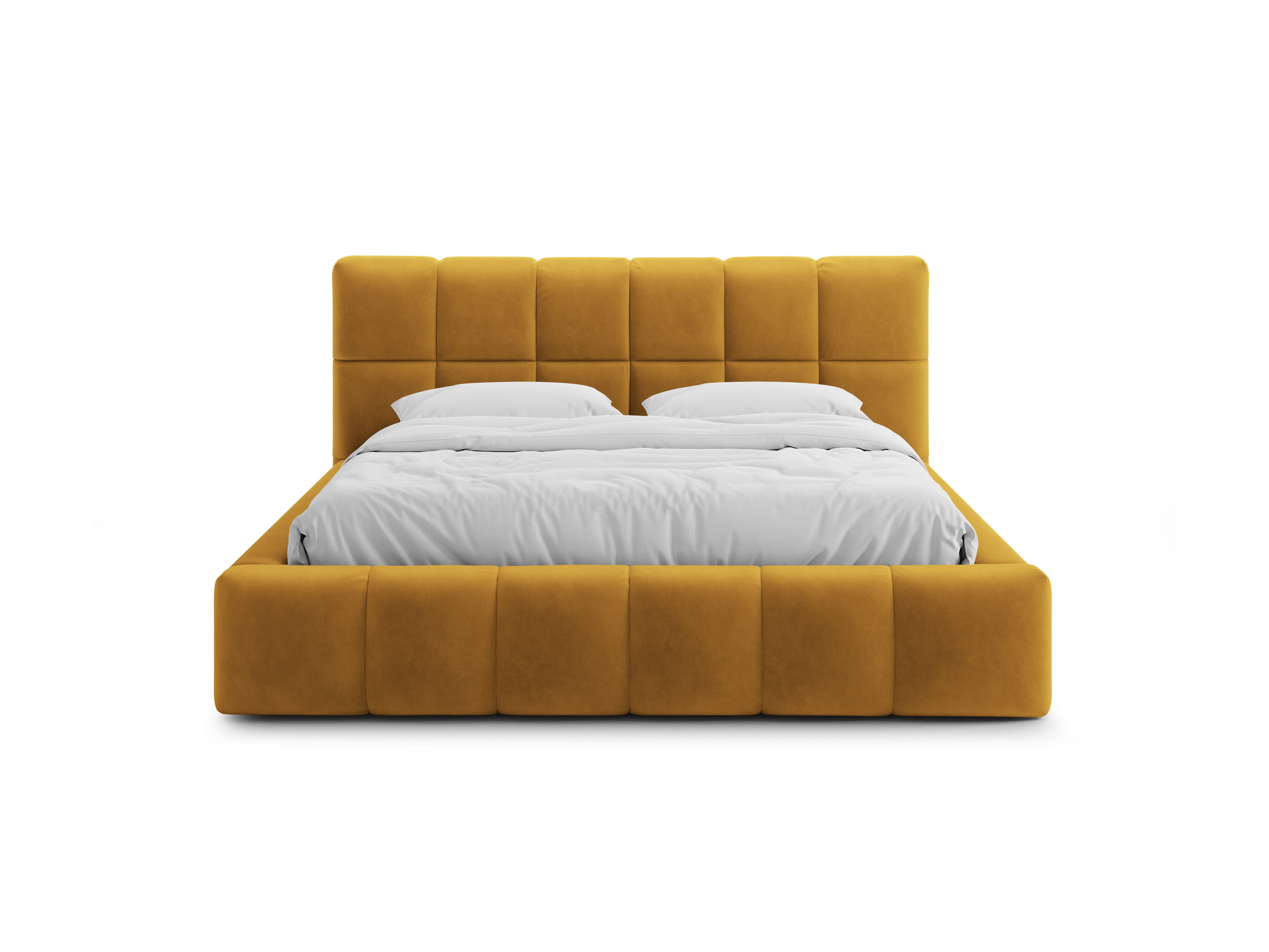 Velvet bed with storage for bedding BELLIS in mustard.