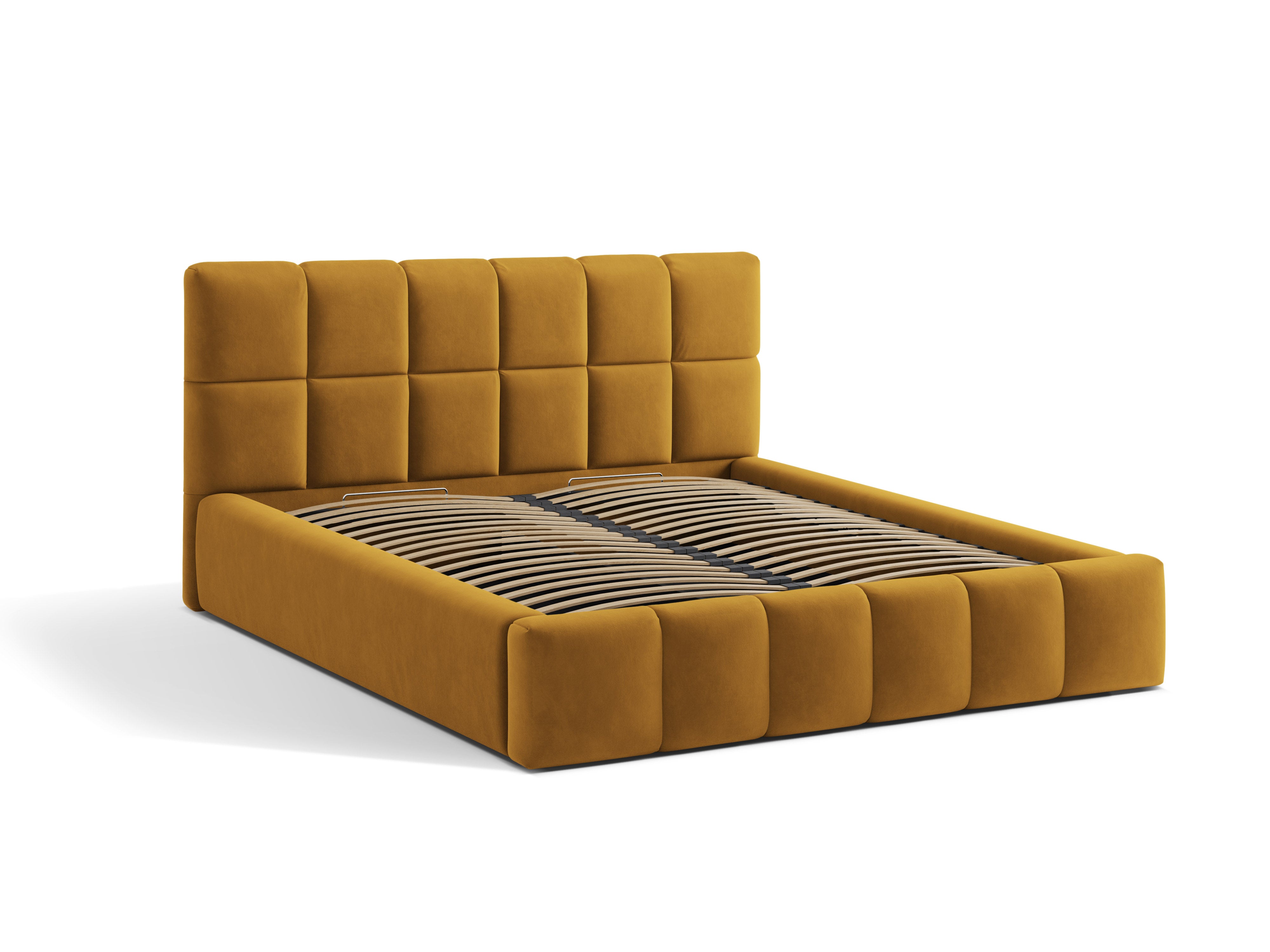 Velvet bed with storage for bedding BELLIS in mustard.