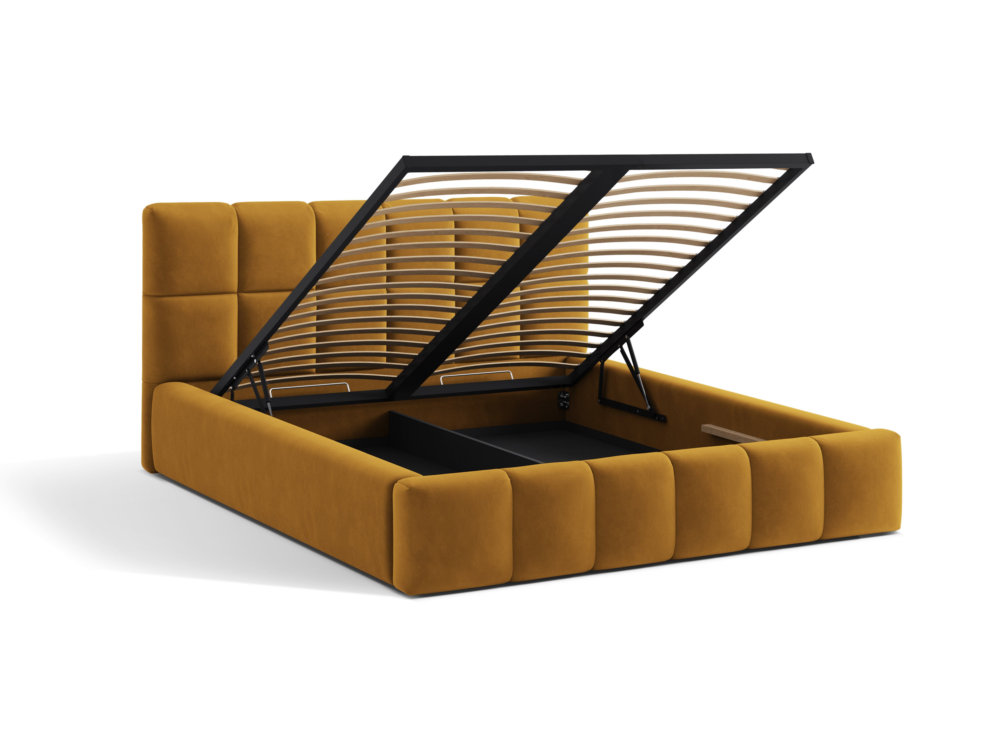 Velvet bed with storage for bedding BELLIS in mustard.