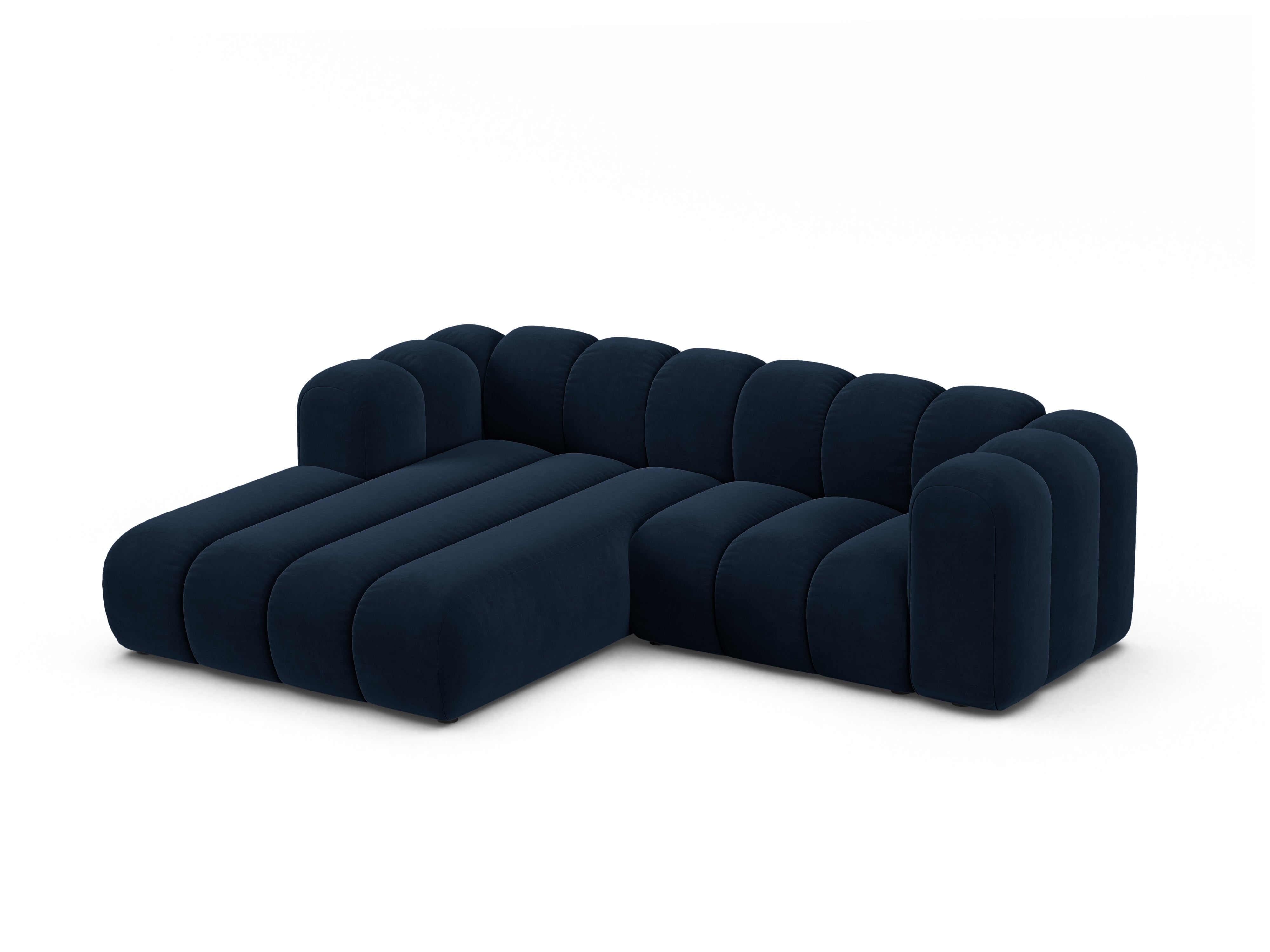 Velvet corner sofa for three people, left-sided LUPINE in navy blue