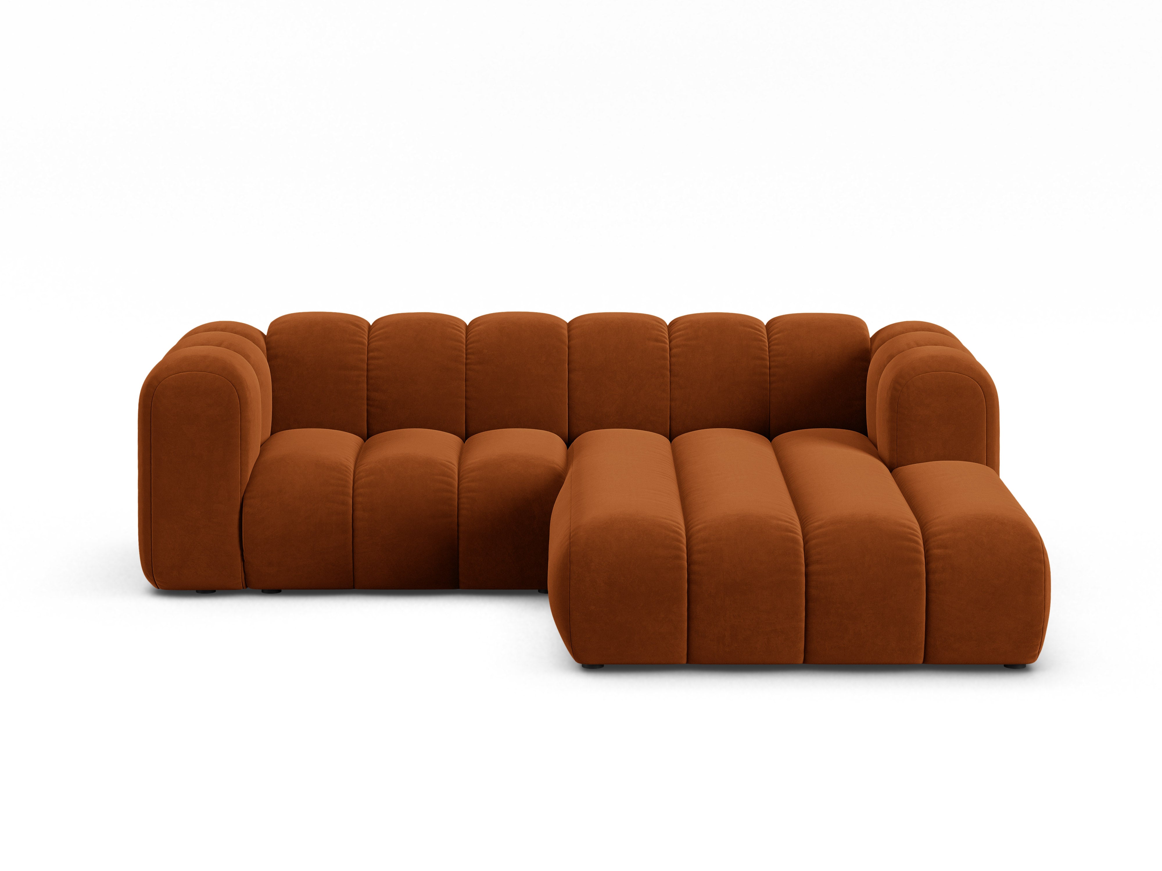 Velvet corner sofa for three people, right-facing LUPINE in brick red