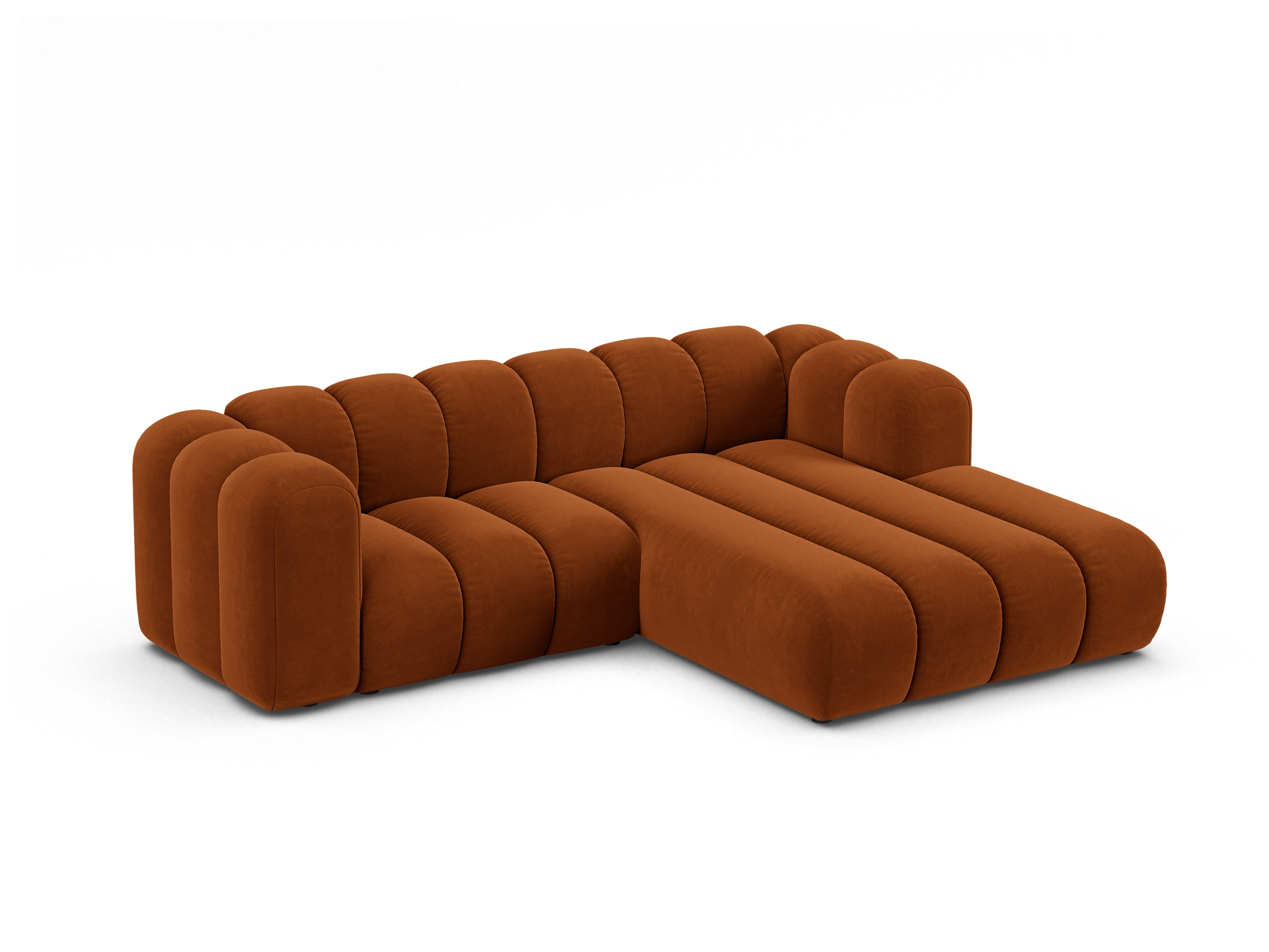 Velvet corner sofa for three people, right-facing LUPINE in brick red