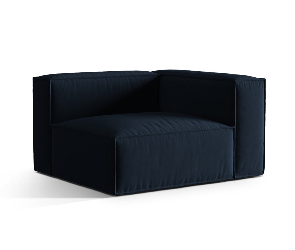 Moduł aksamitny 1-osobowy z prawym podłokietnikiem NURIA ciemnoniebieski – ujęcie boczne