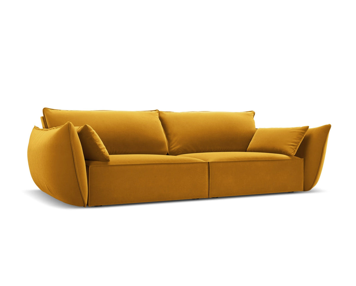 Sofa aksamitna 3-osobowa KAELLE żółty – ujęcie boczne