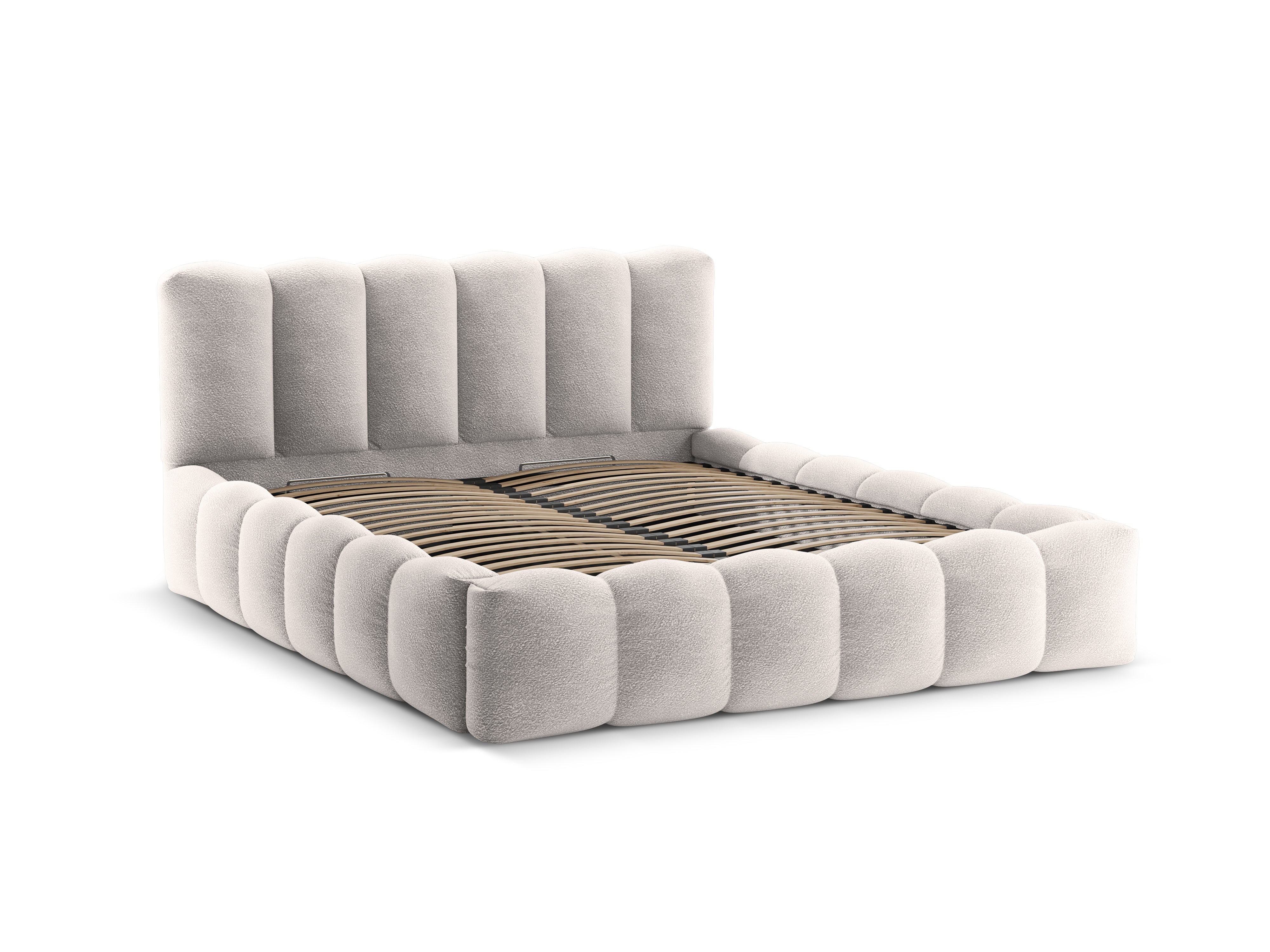 LUPINE Bed with Storage for Bedding in Light Gray Boucle