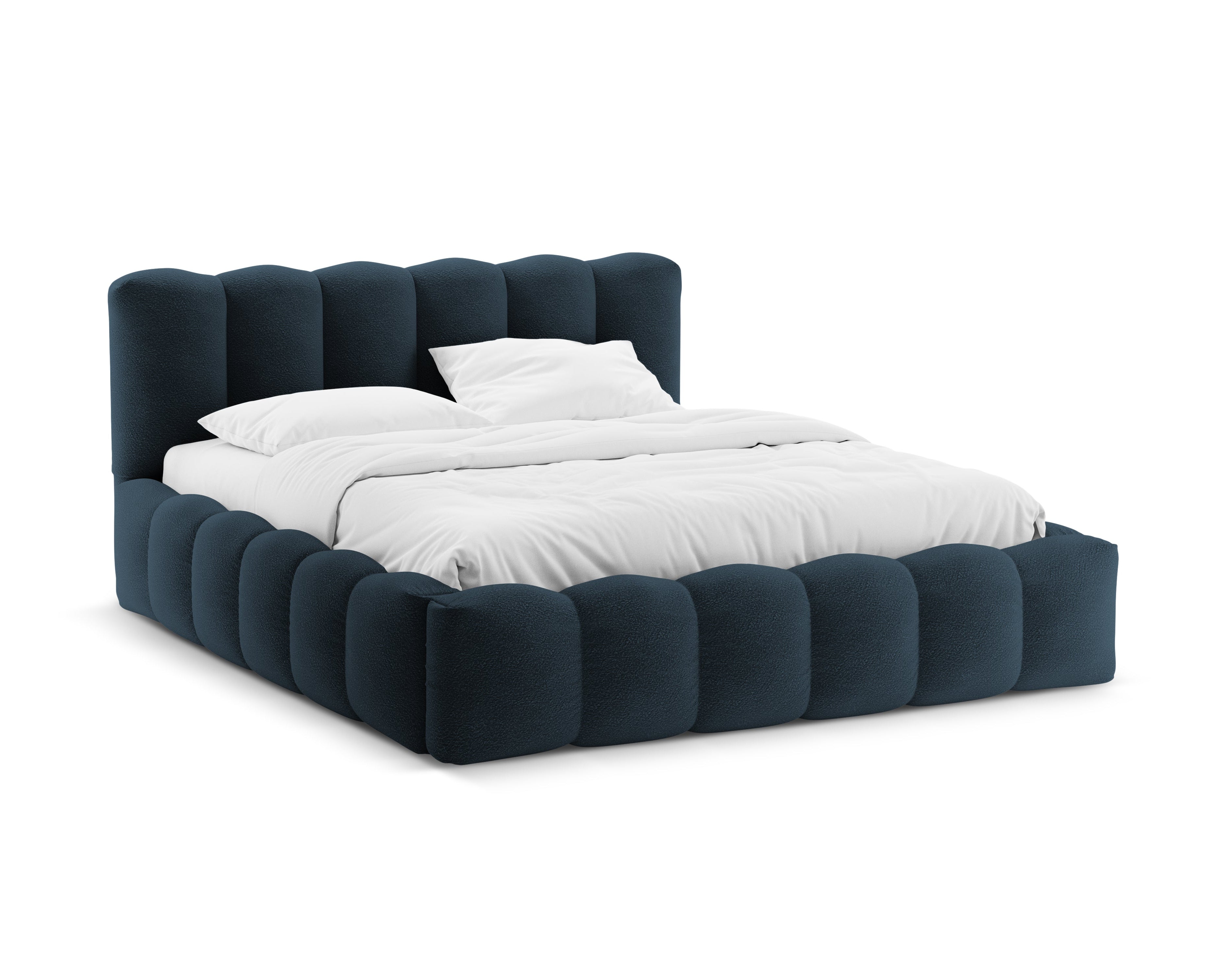 LUPINE Bed with Storage for Bedding in Dark Blue Boucle