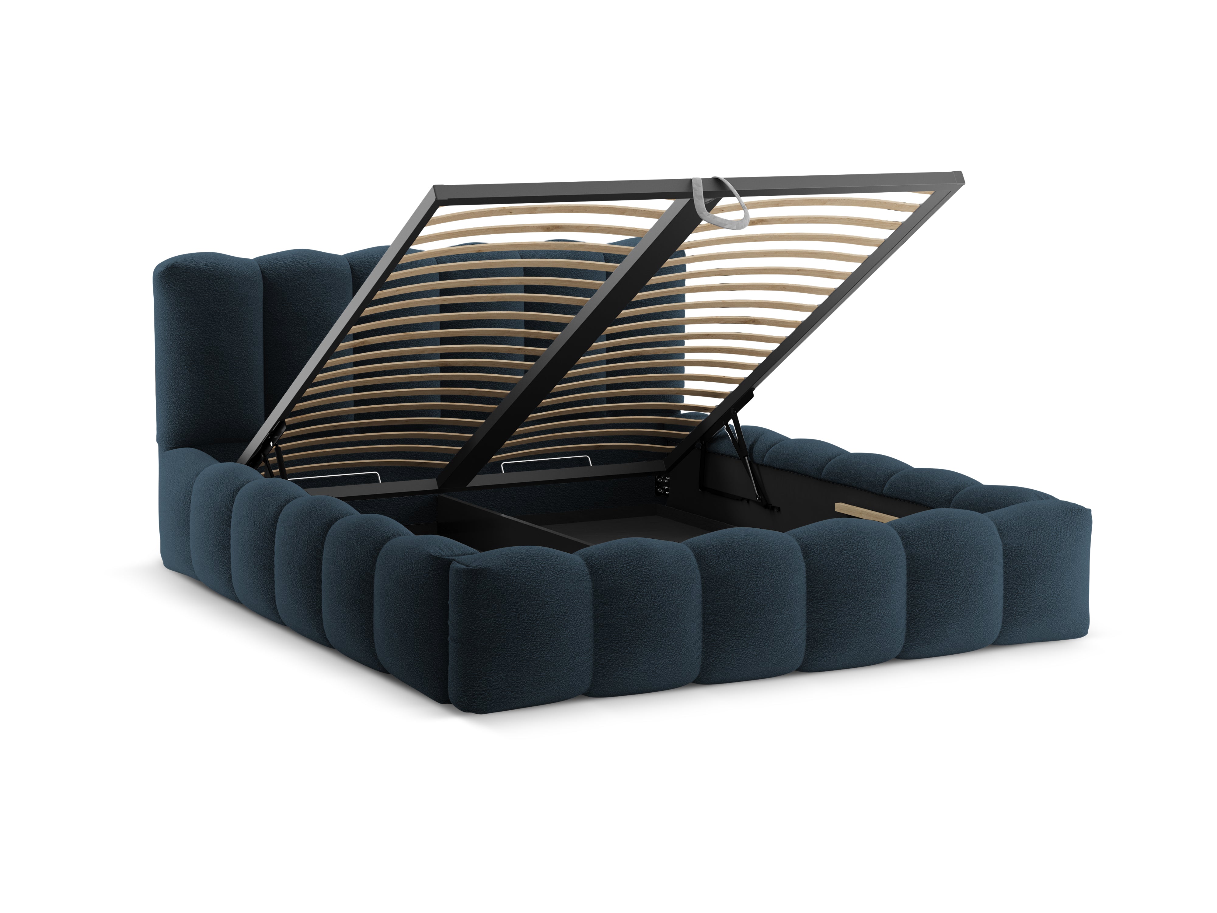 LUPINE Bed with Storage for Bedding in Dark Blue Boucle